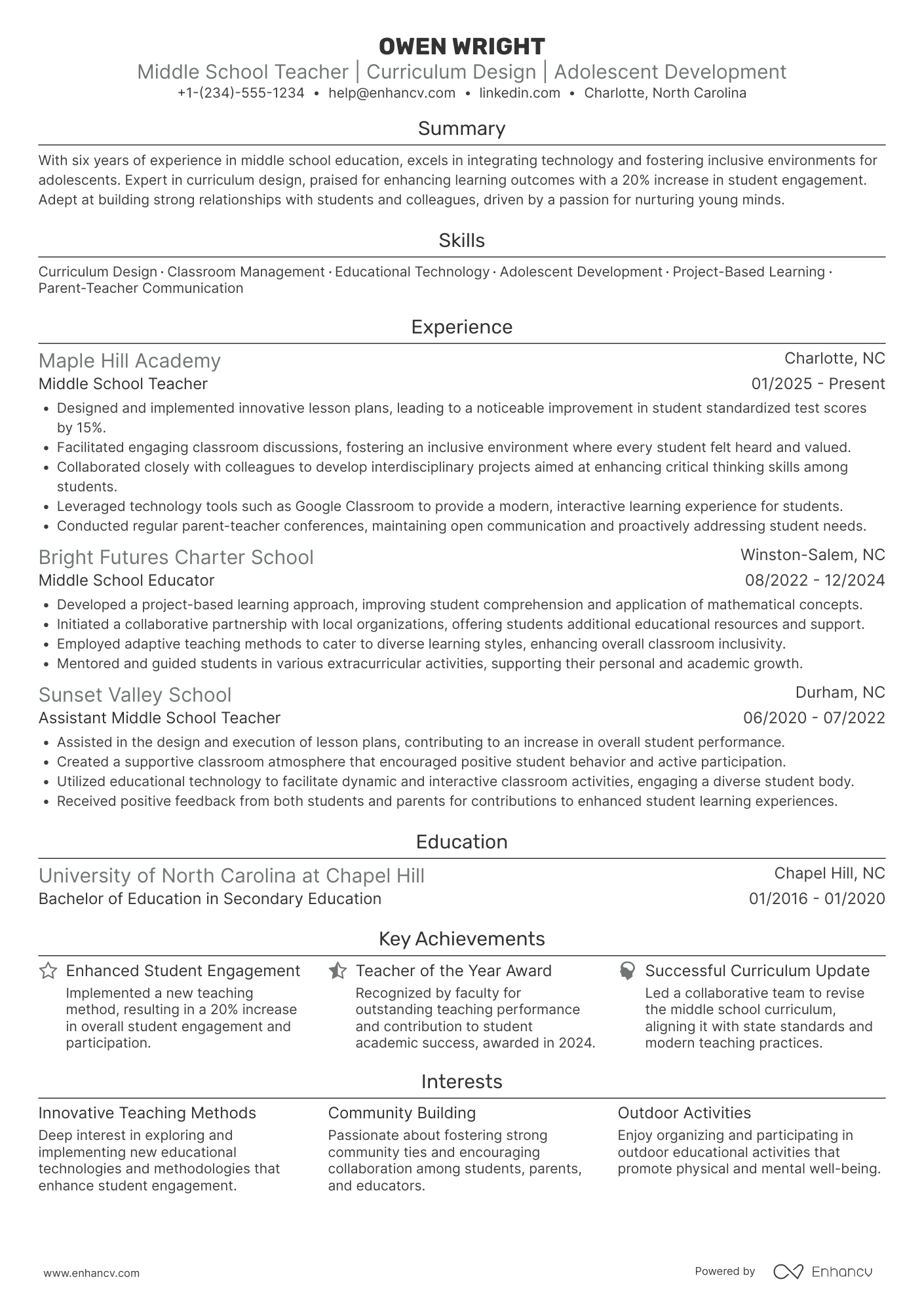 Middle School Teacher resume example