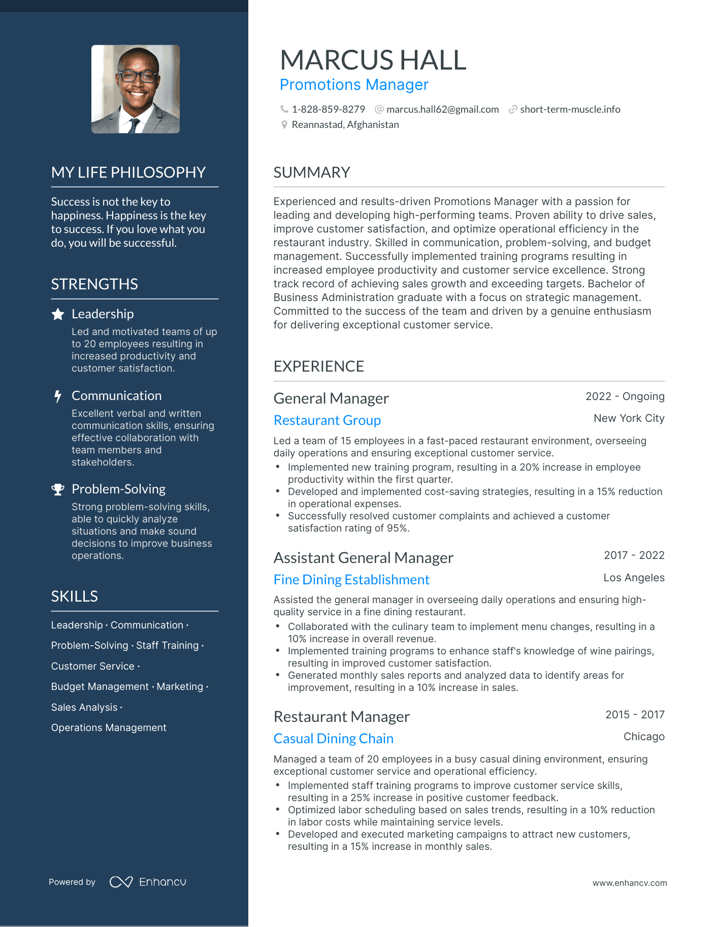 Promotions Manager resume example