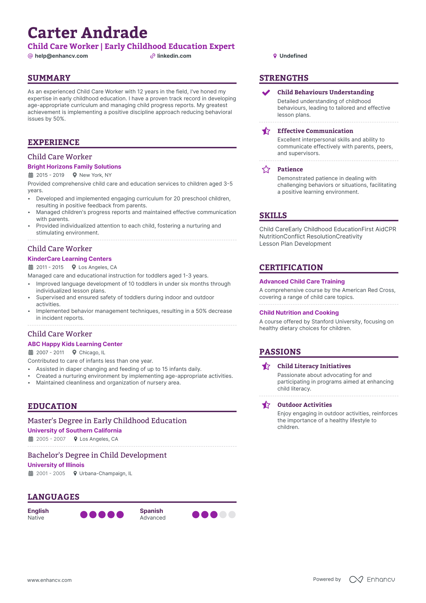 Child Care Worker resume example