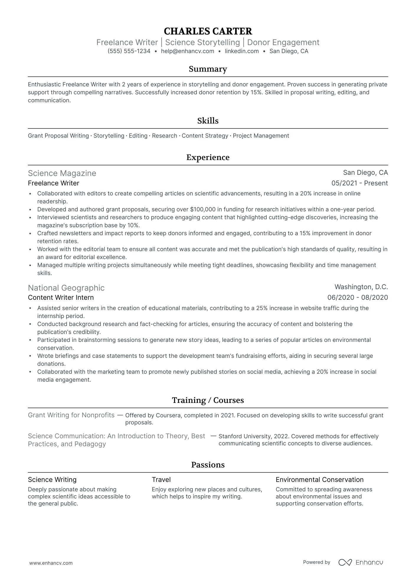 Freelance Writer resume example