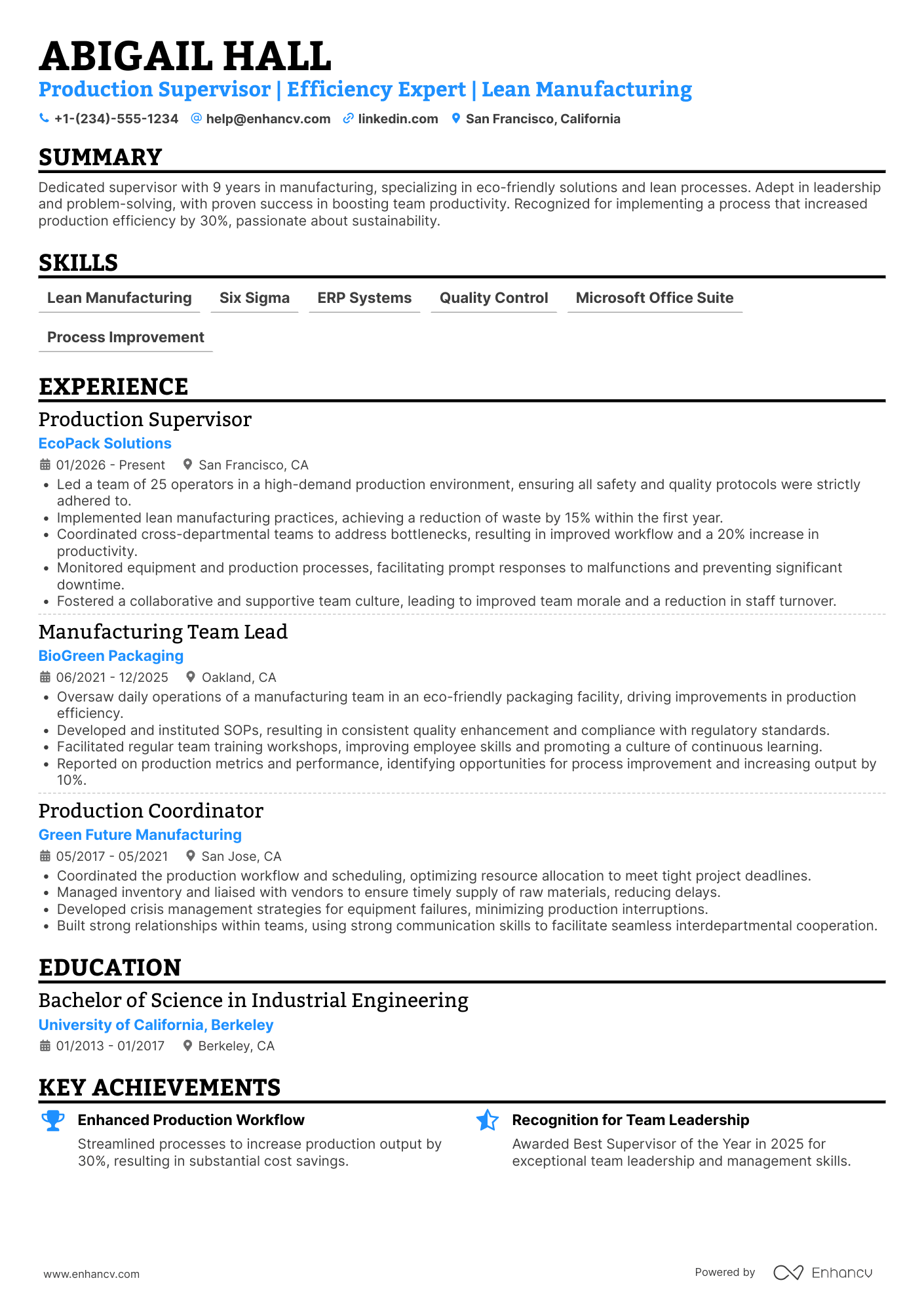 Supervisor resume example