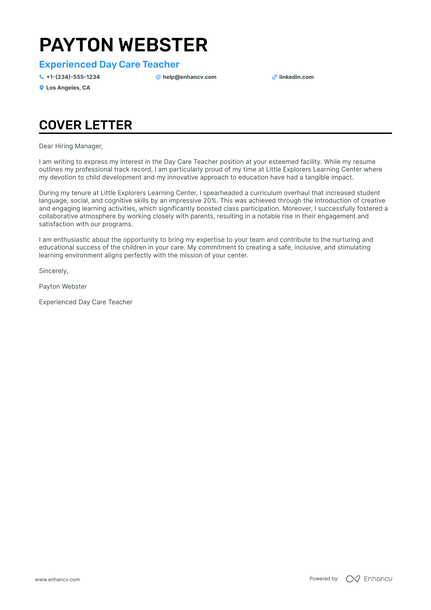 Day Care Teacher cover letter