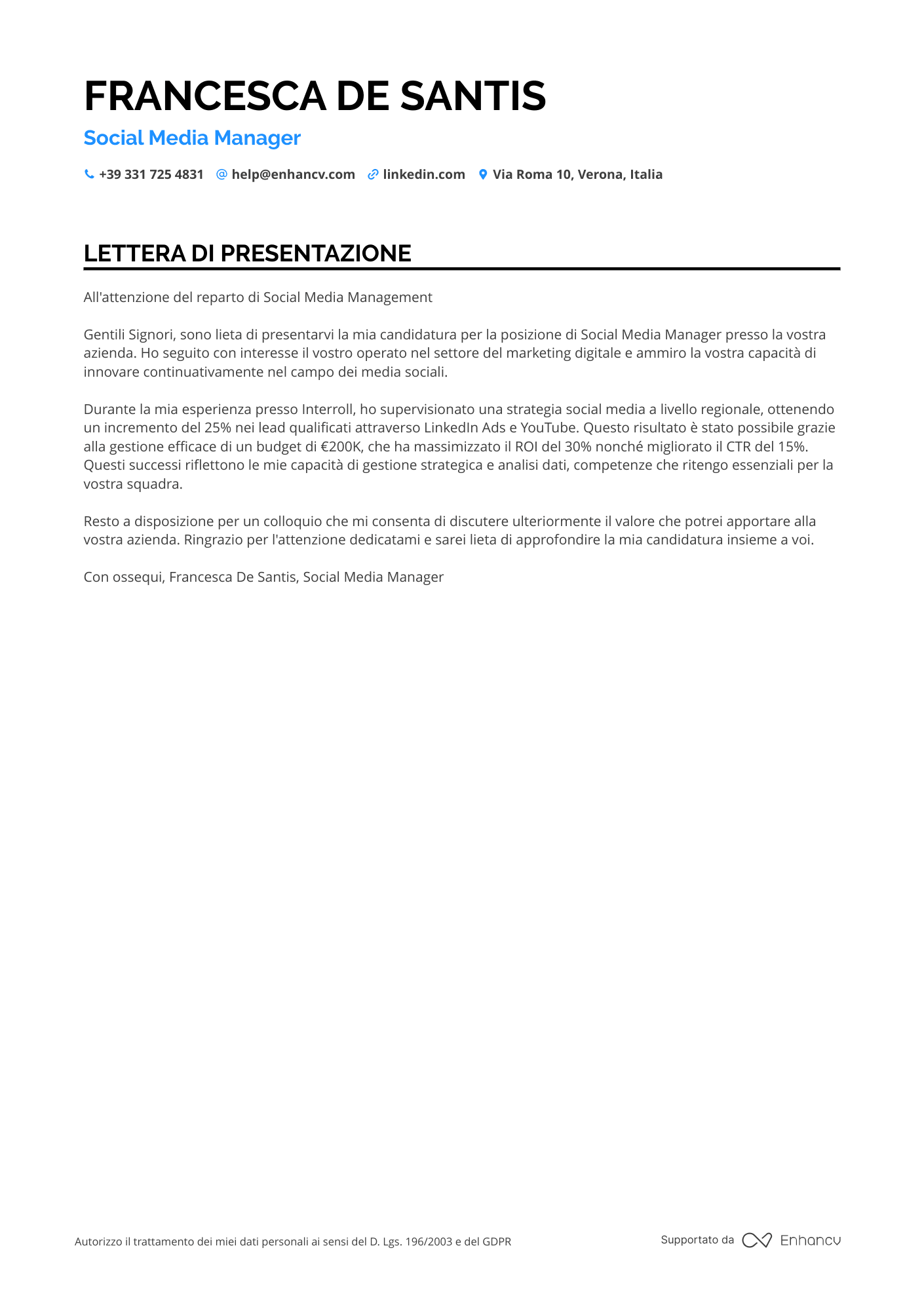 Social Media Manager Lettera di presentazione