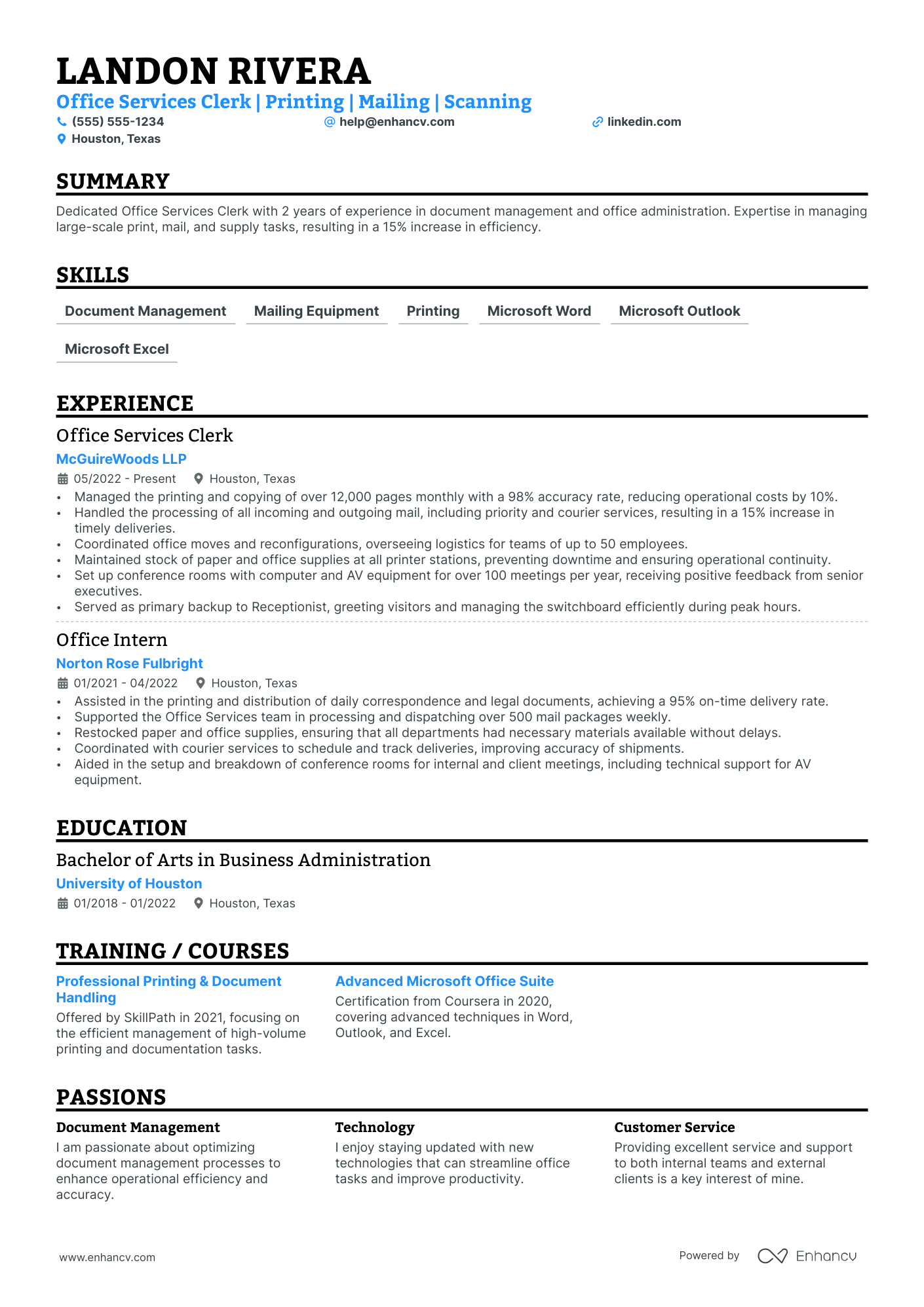 Office Services Clerk resume example