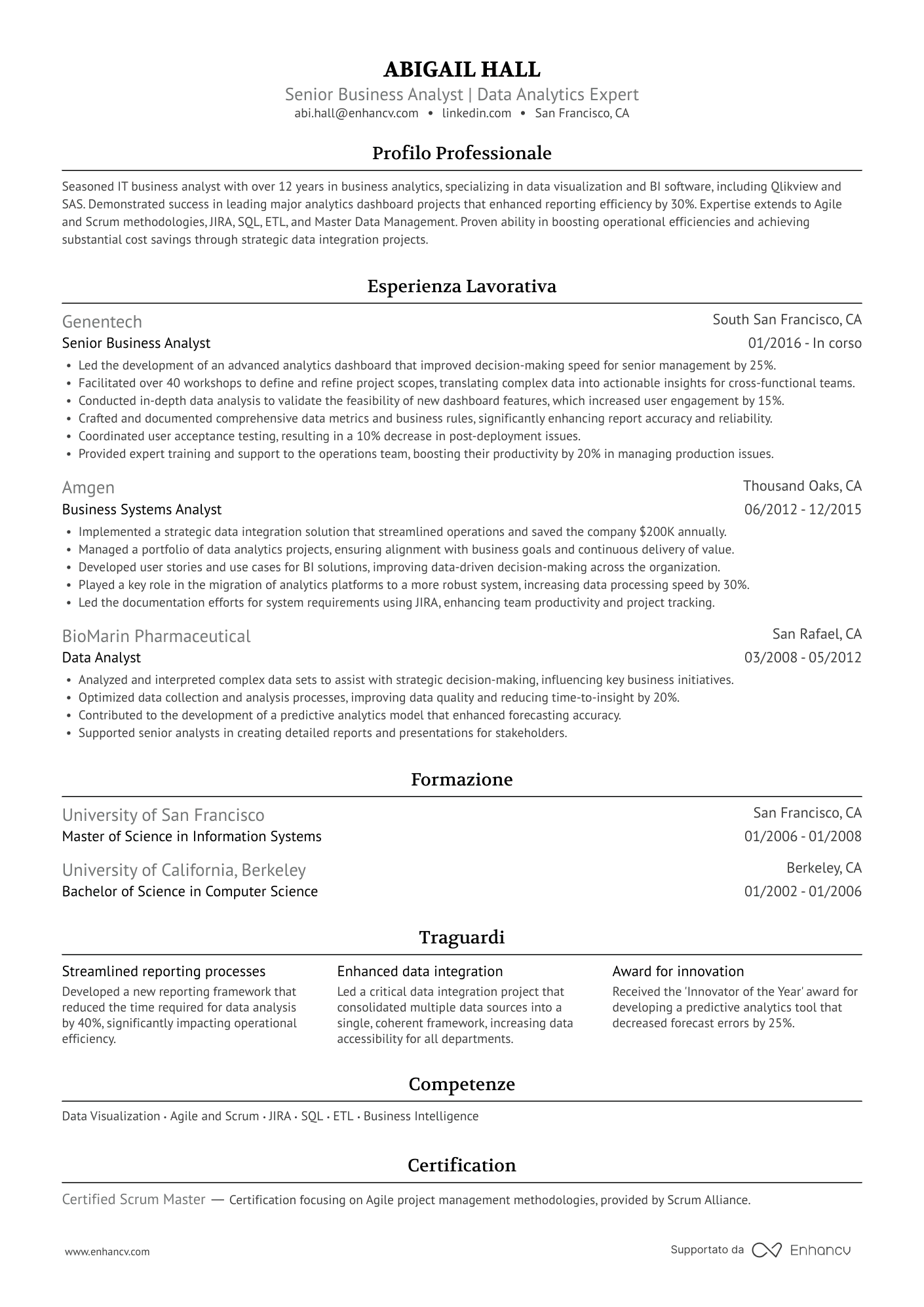 A single column, classic resume template with grey accent colors.