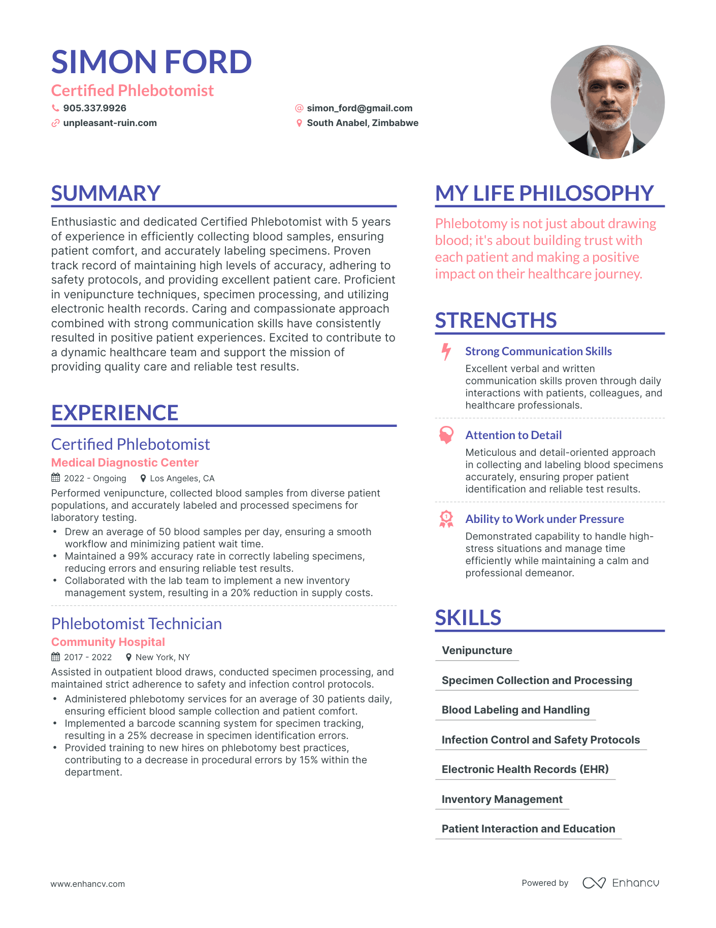 Certified Phlebotomist resume example
