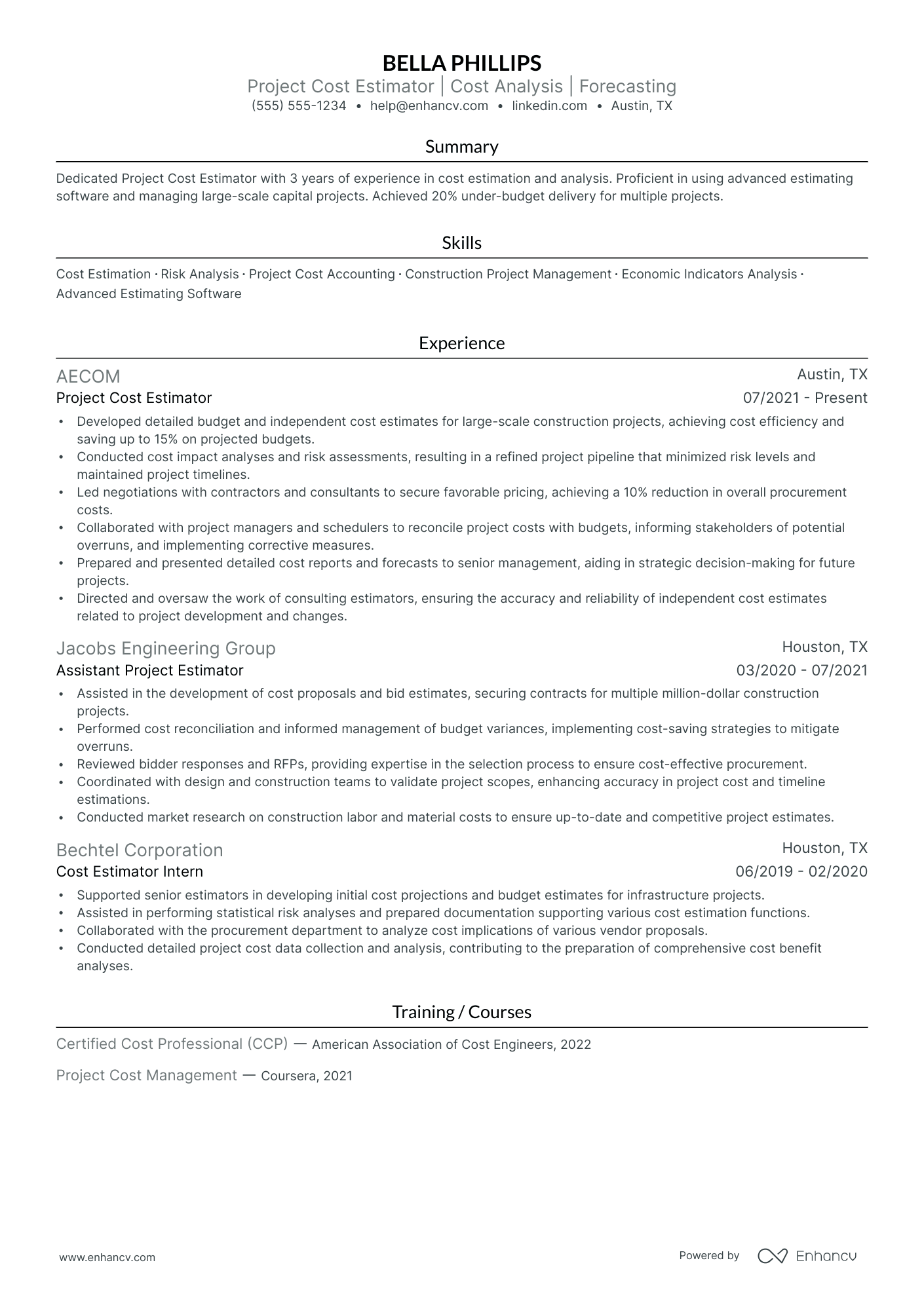 Cost Estimator Project Manager Resume Example Resume Example