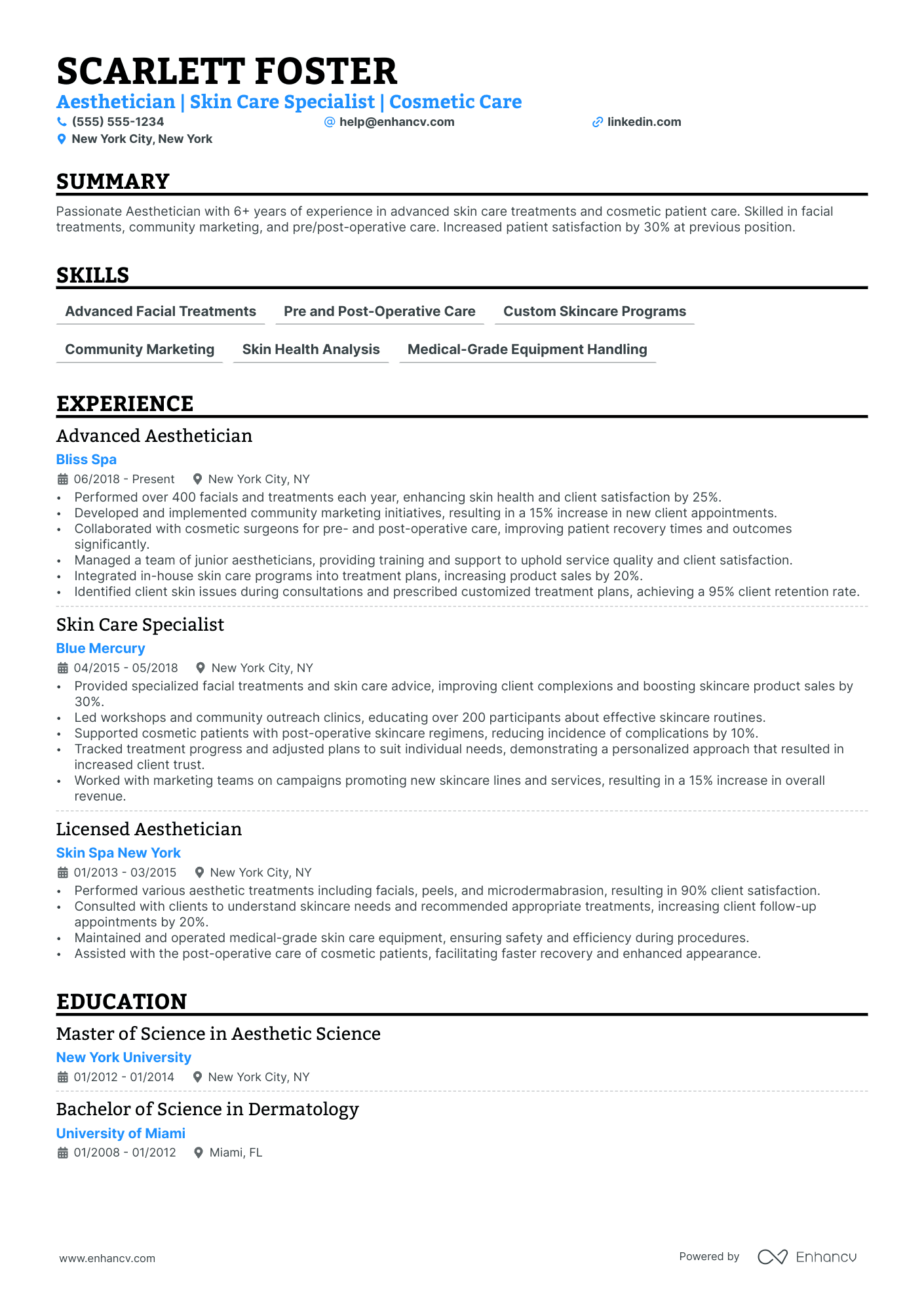 Junior Esthetician resume example