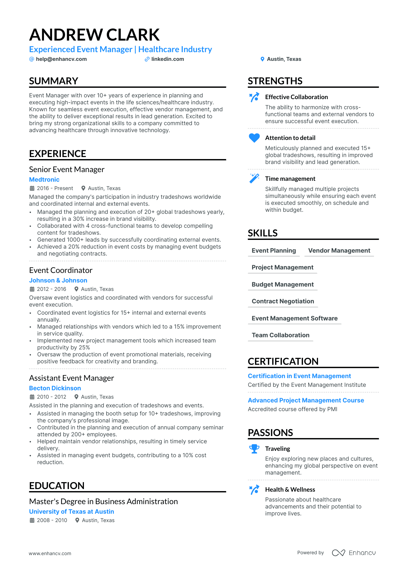 Events Manager resume example
