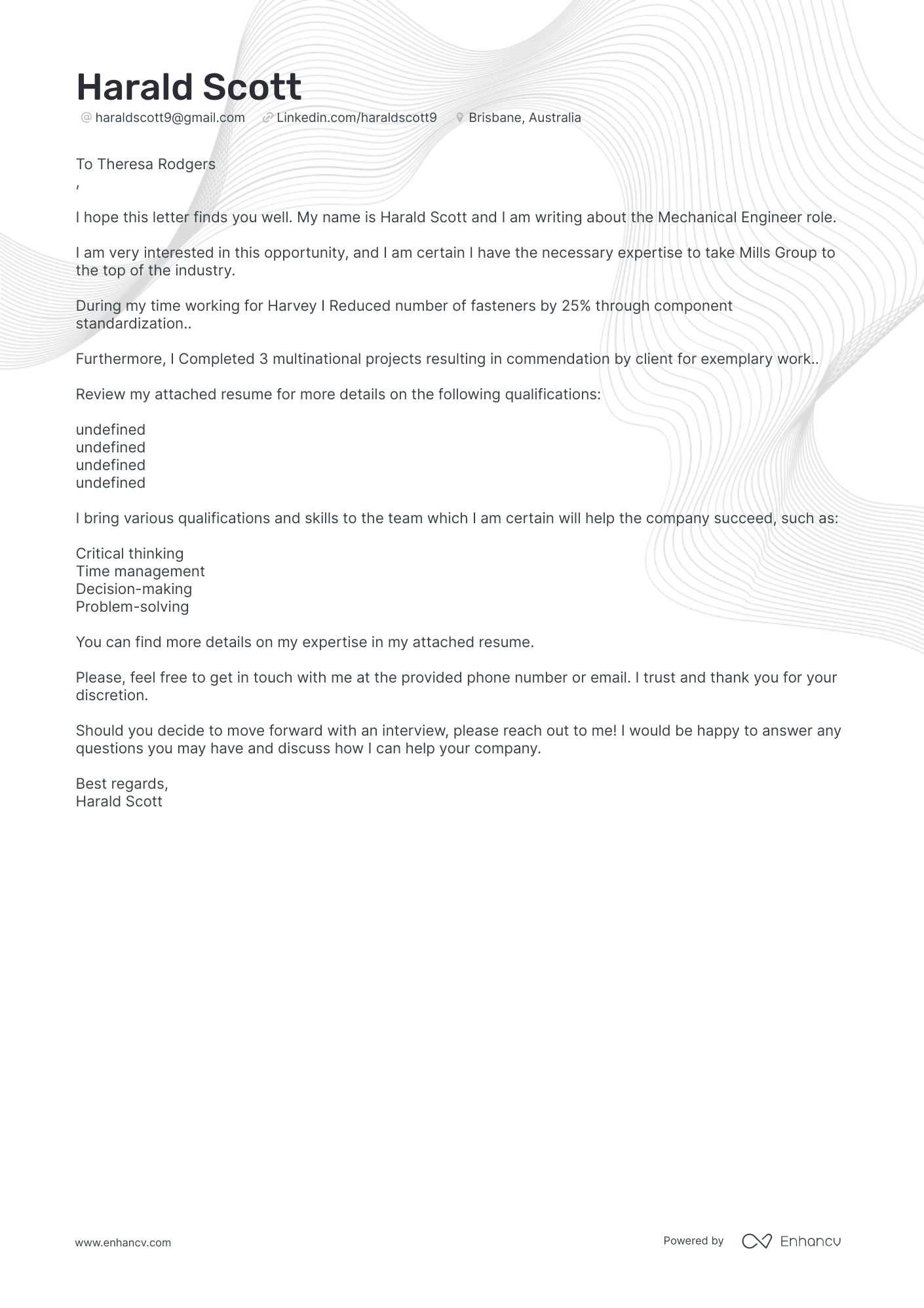 Mechanical Engineer cover letter