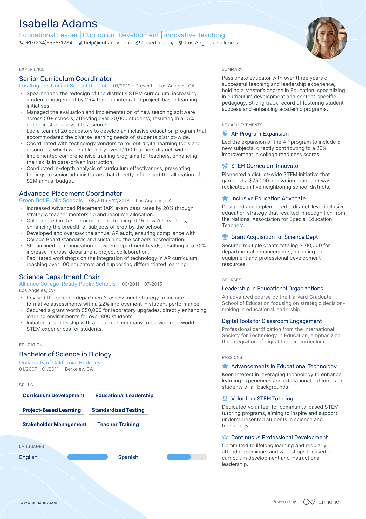 A compact resume template perfect for fitting a lot of information yet keeping your resume on a single page. Blue accent color.