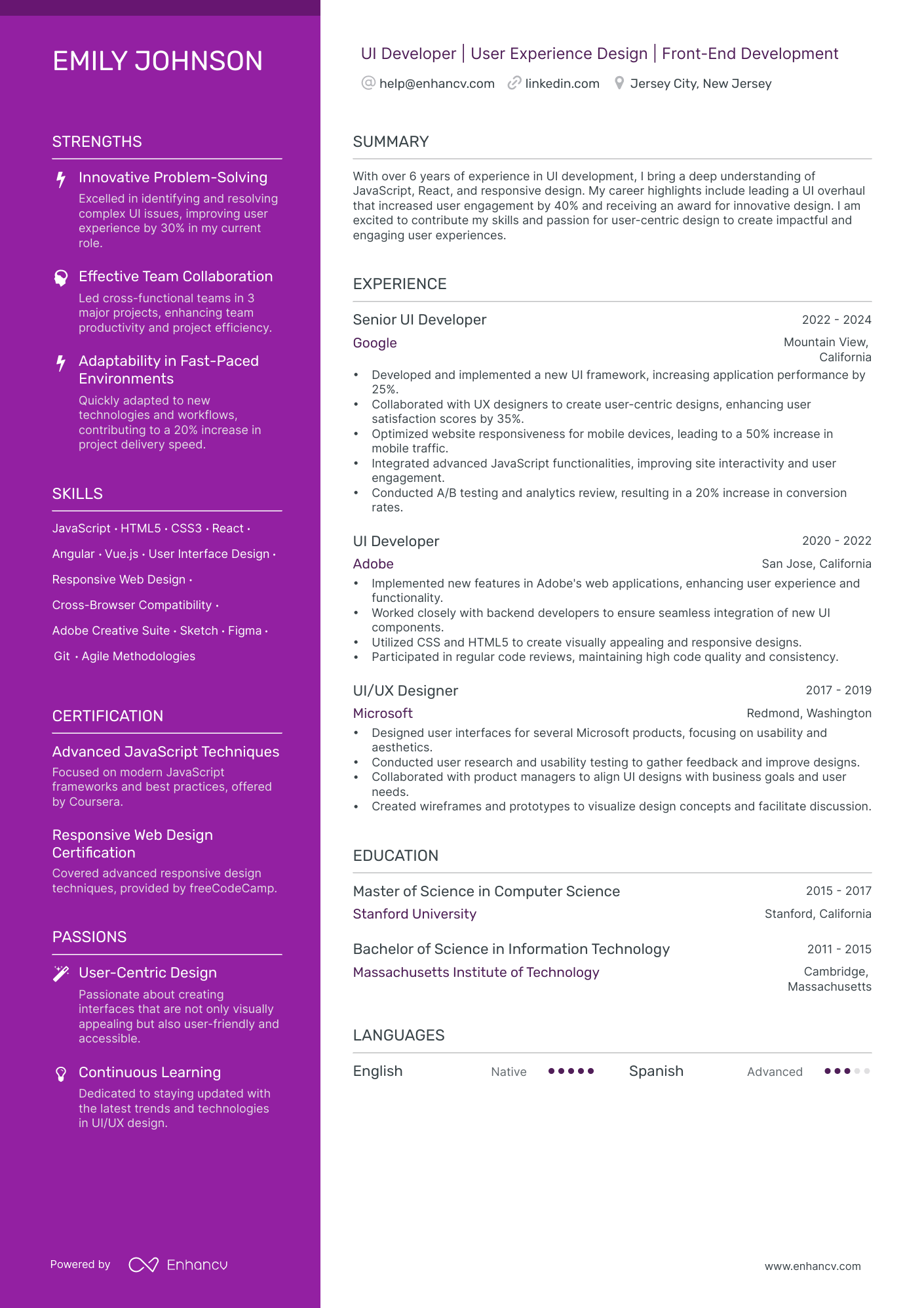 UI Developer resume example