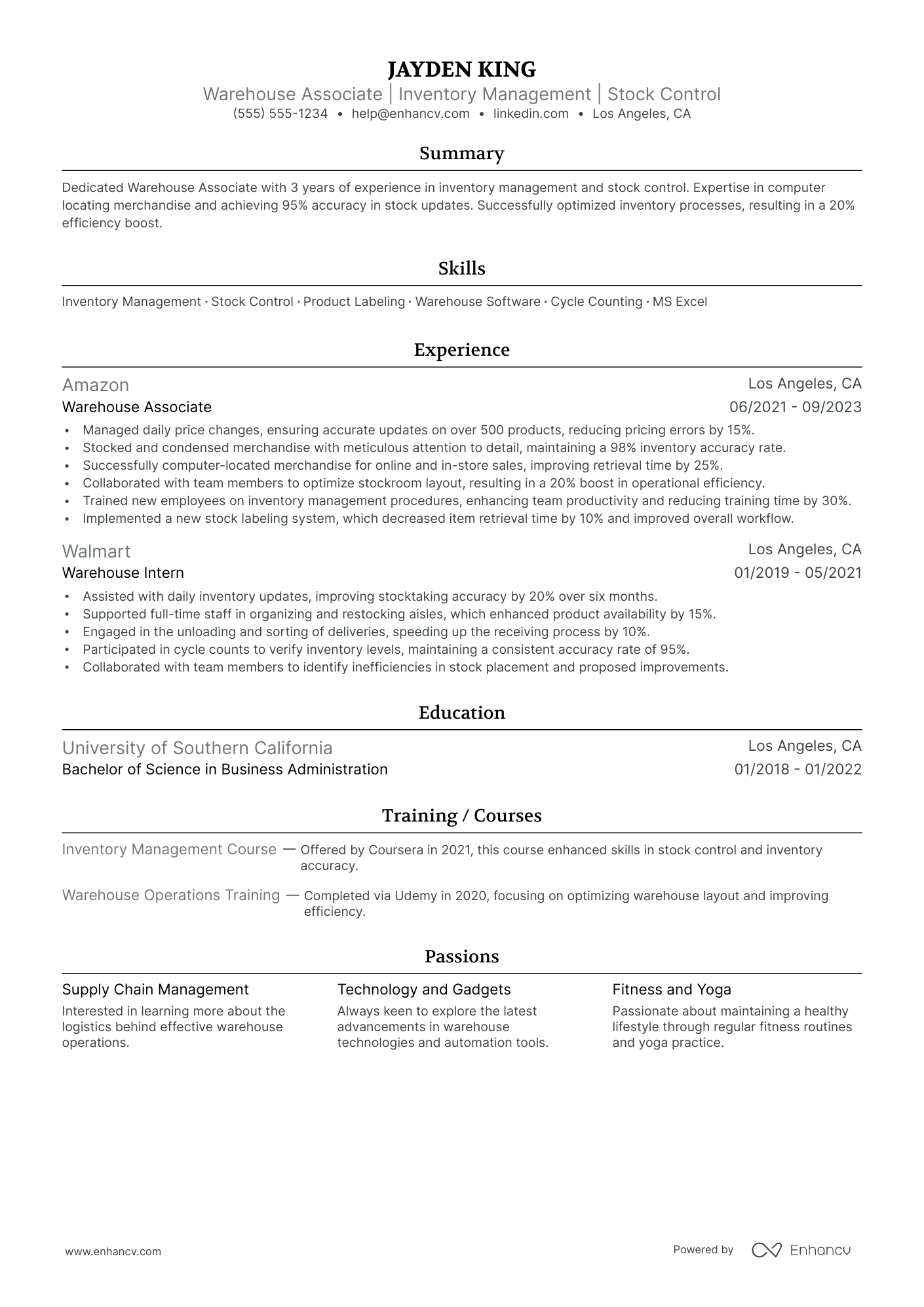 Warehouse Stock Associate resume example