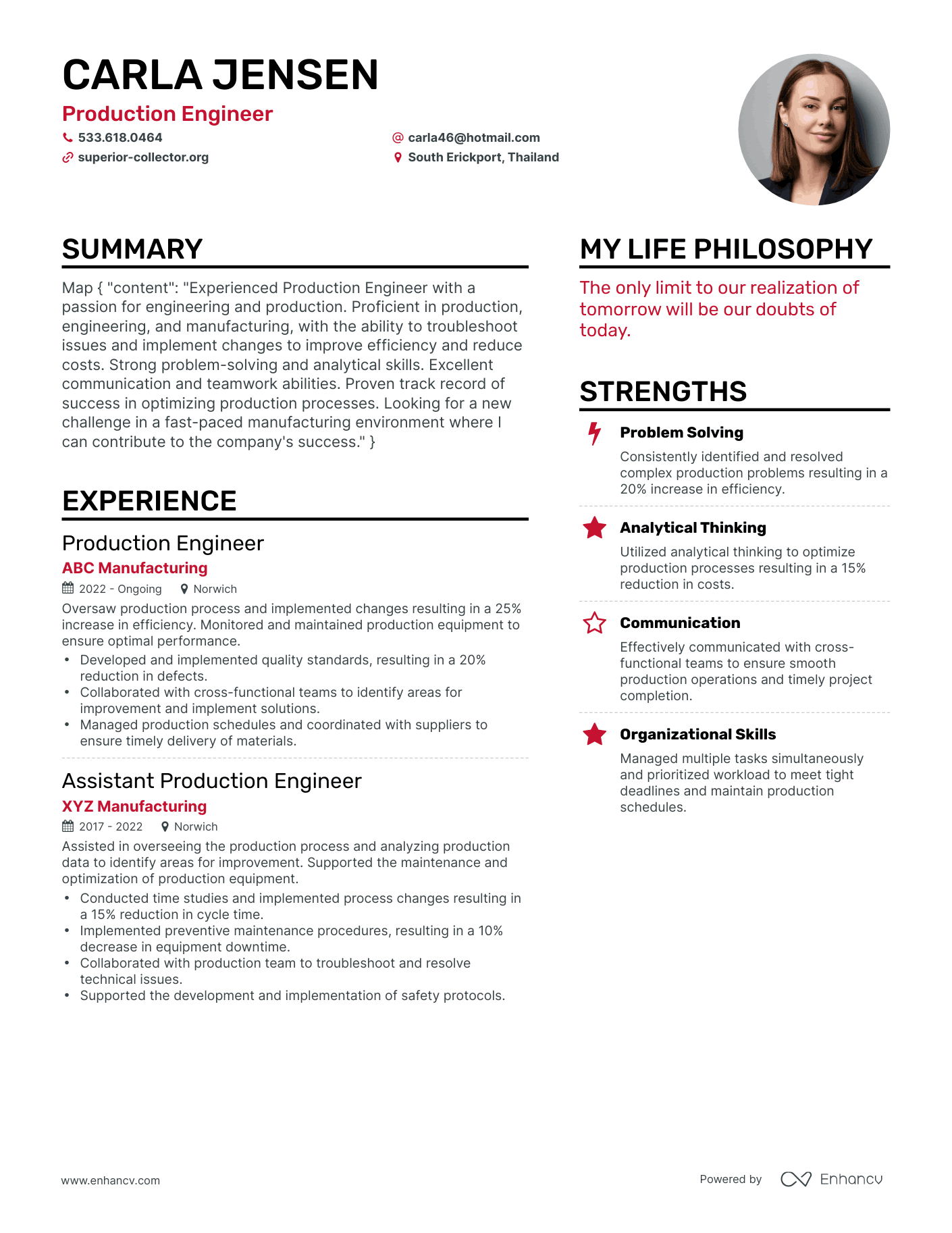 Modern Production Engineer Resume Example