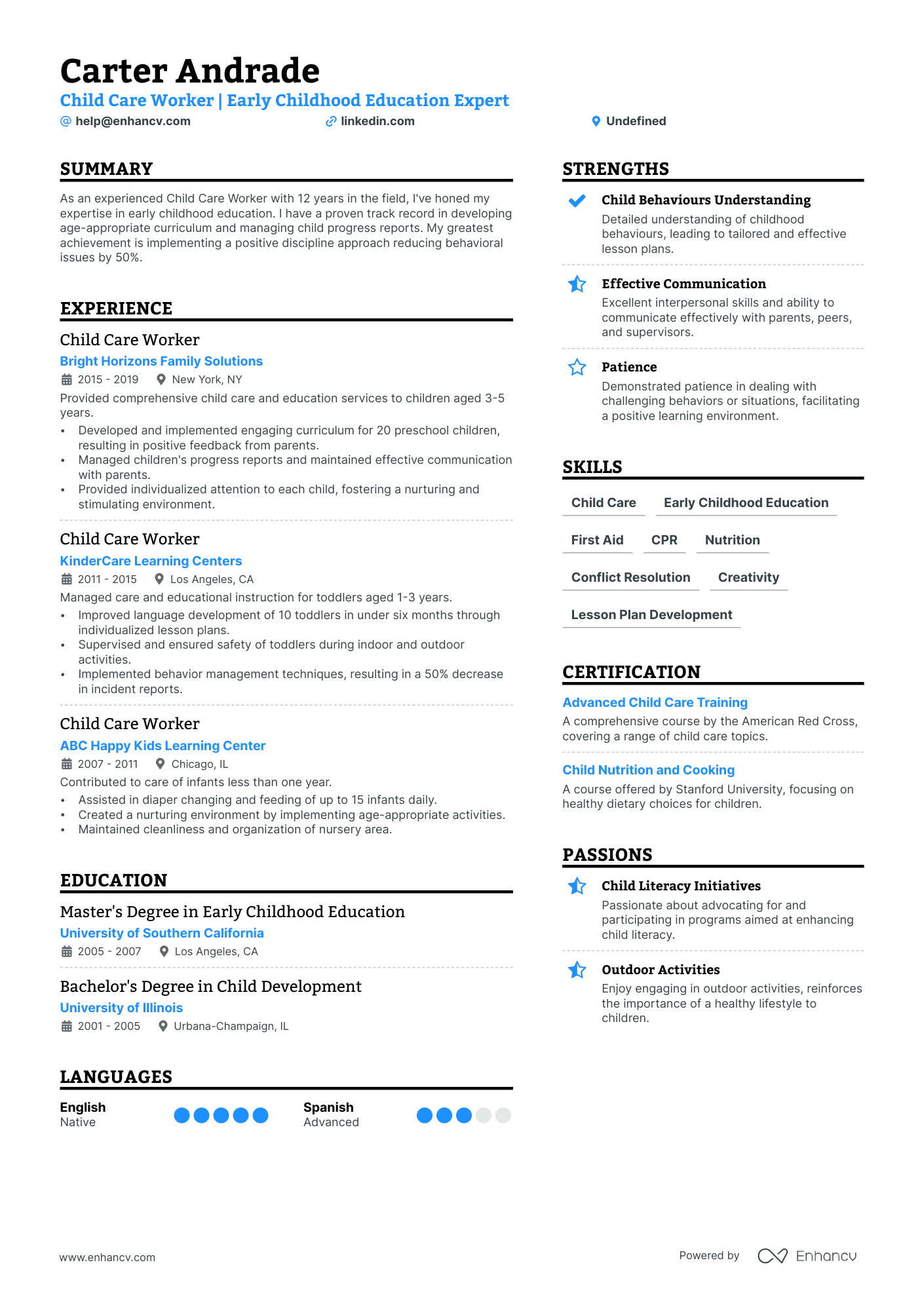 Child Care Worker resume example