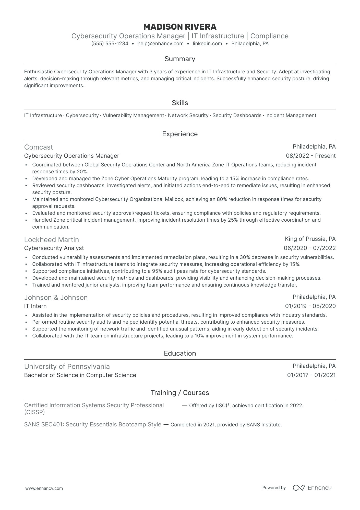 Cybersecurity Operations Manager resume example