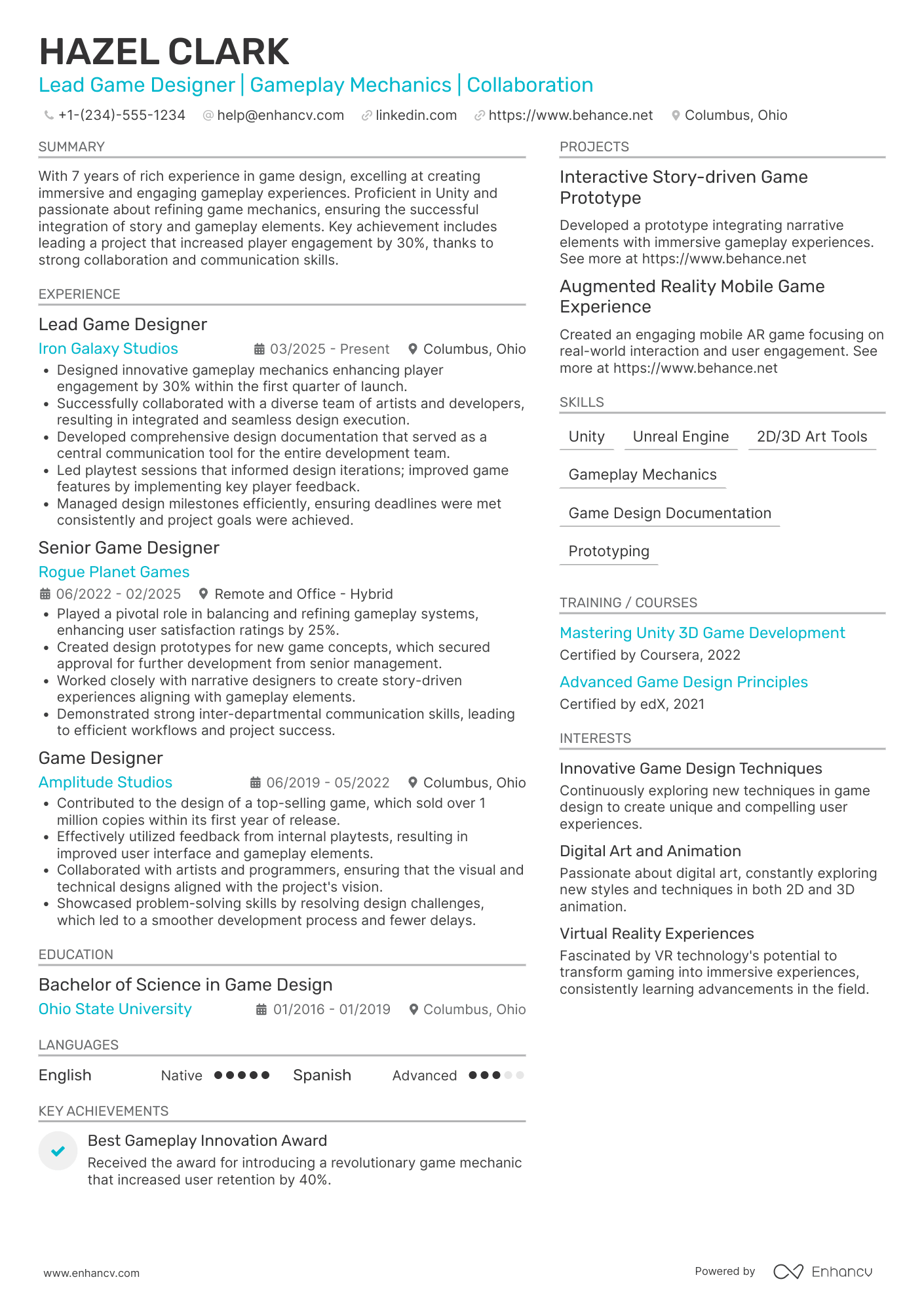 Game Designer resume example