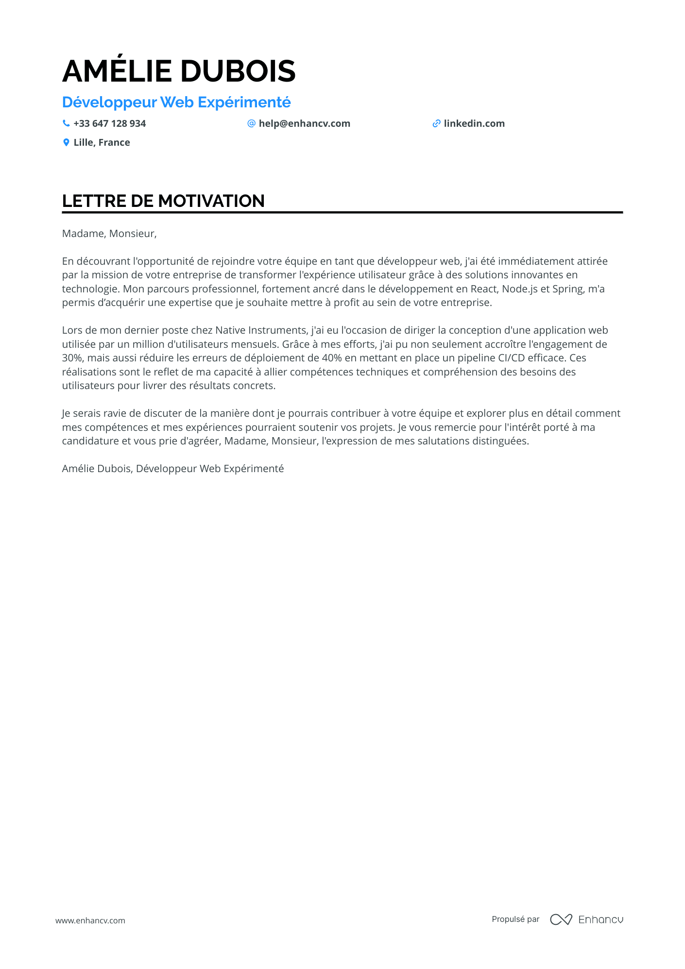 Web Développeur Lettre de motivation