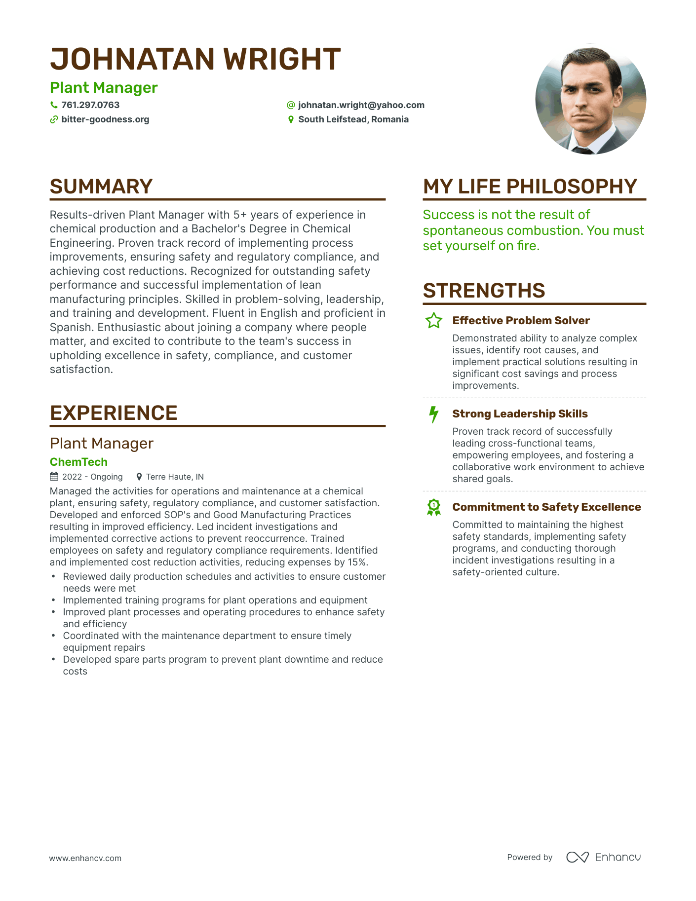 Plant Manager resume example