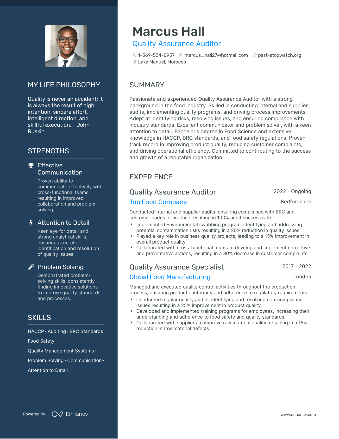 Quality Assurance Auditor resume example