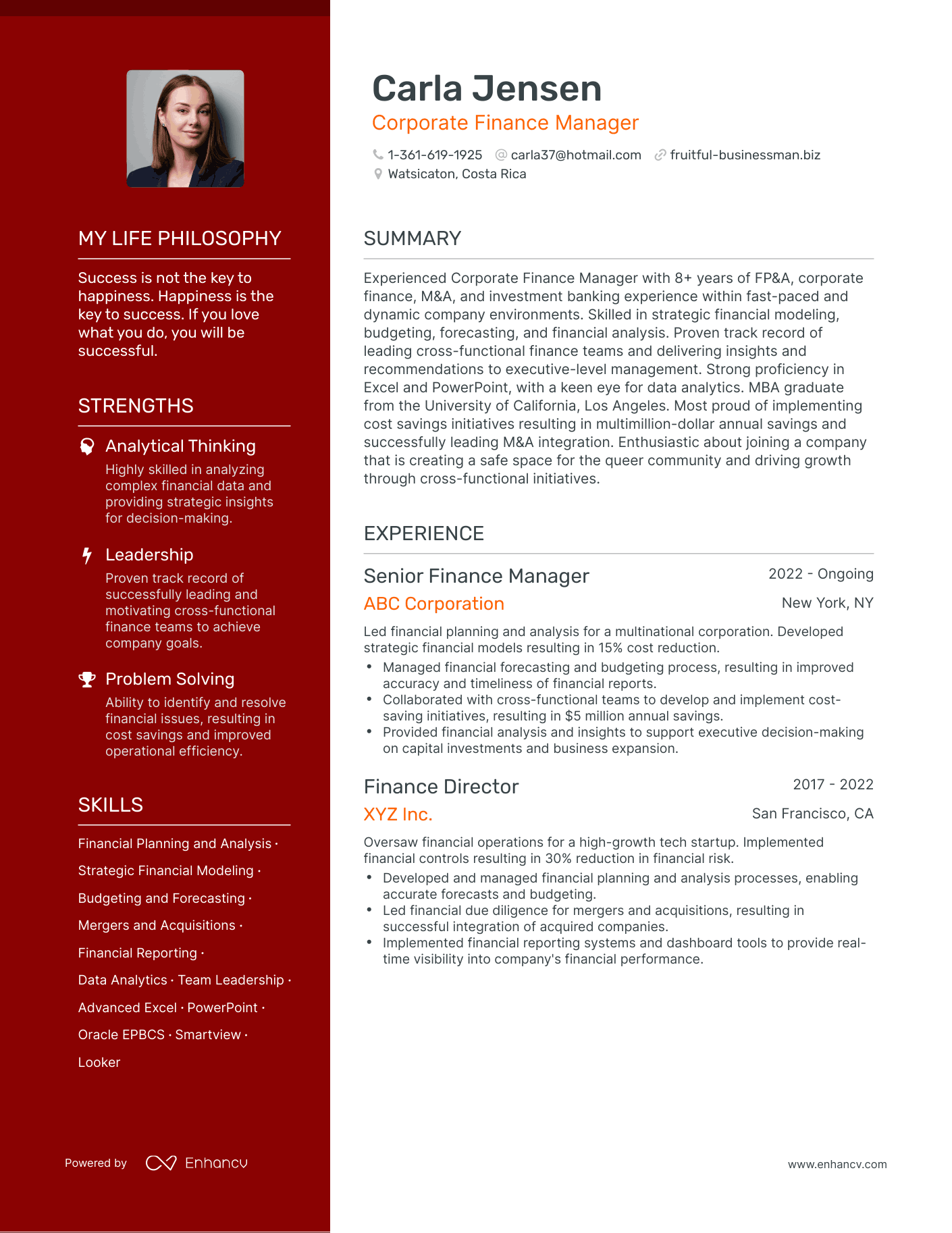 Creative Corporate Finance Manager Resume Example