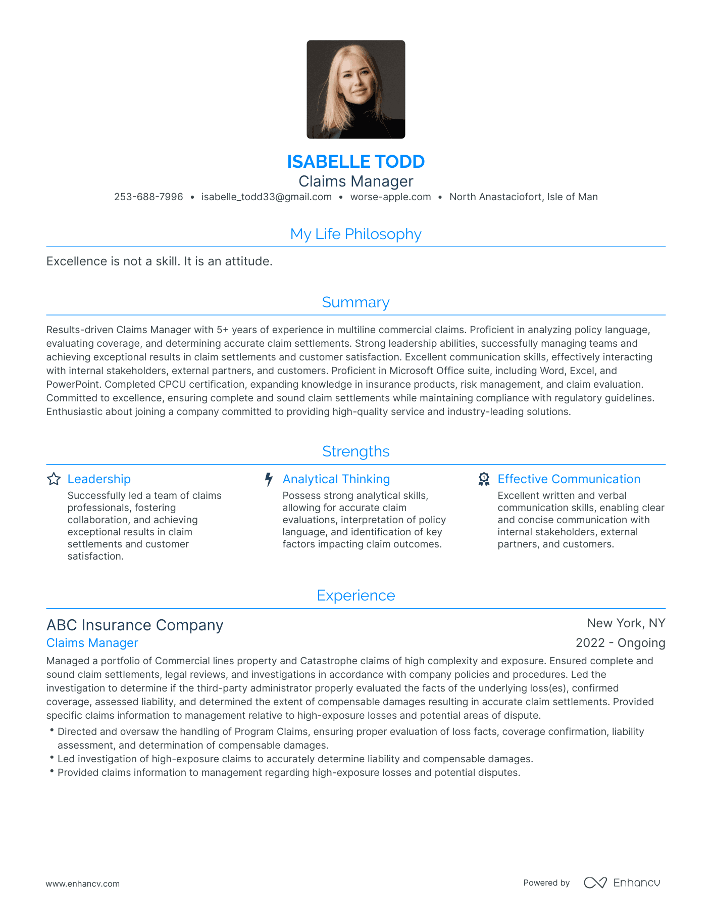 Modern Claims Manager Resume Example
