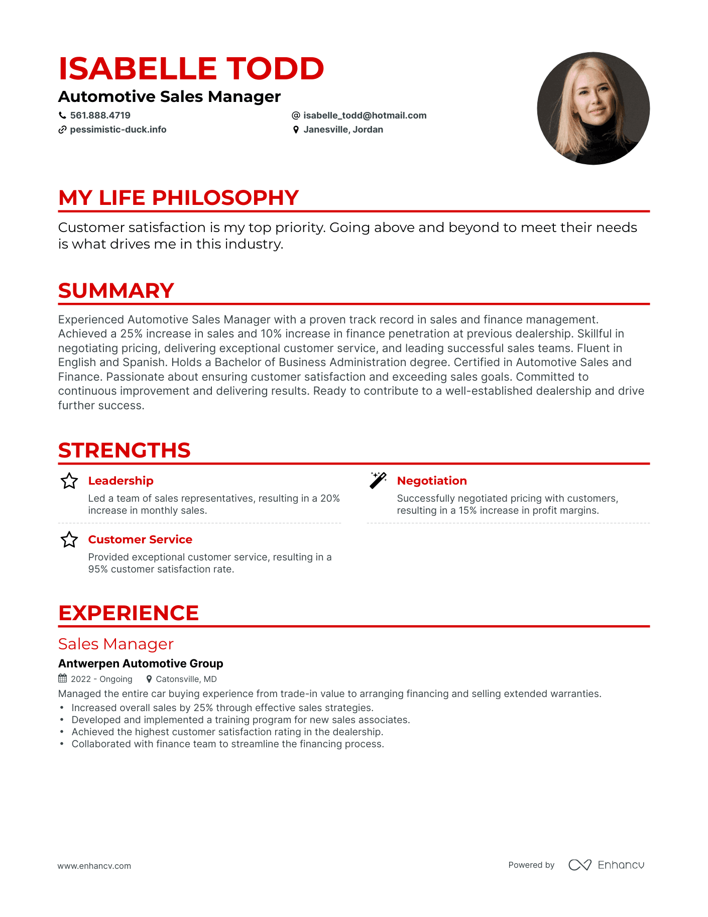 Creative Automotive Sales Manager Resume Example