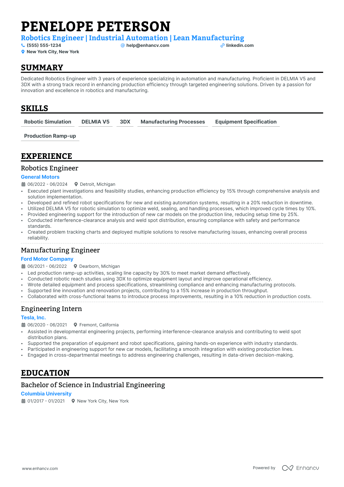 Manufacturing Industrial Engineer resume example