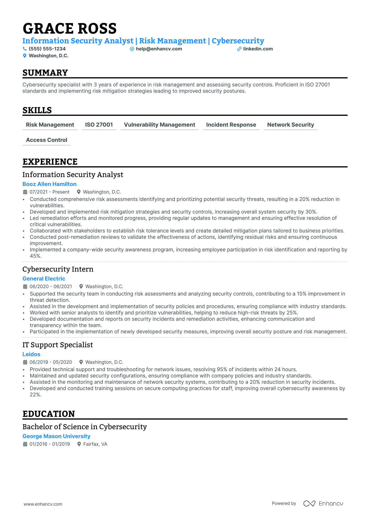 Information Security Risk Analyst resume example