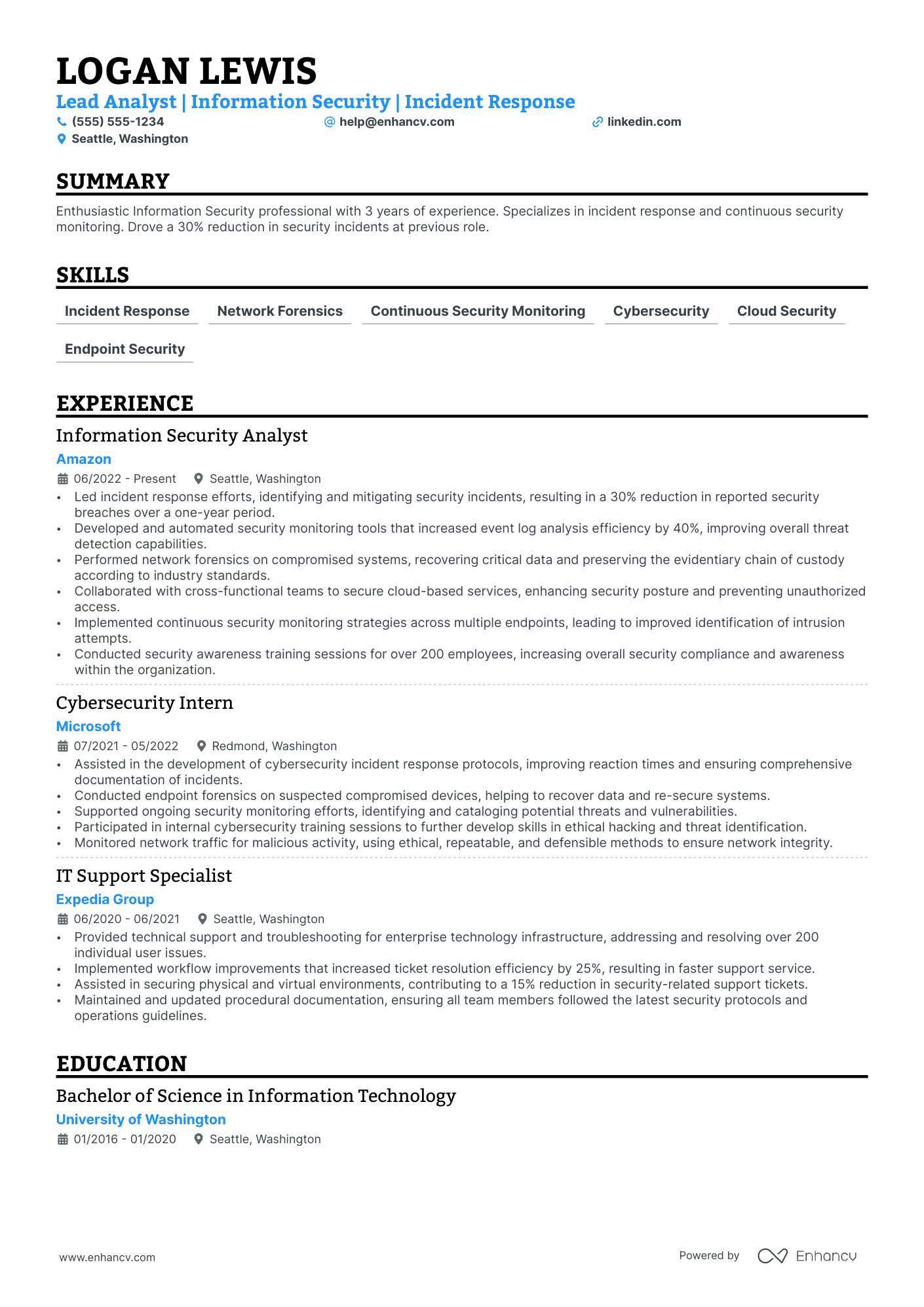 Lead Information Security Analyst resume example