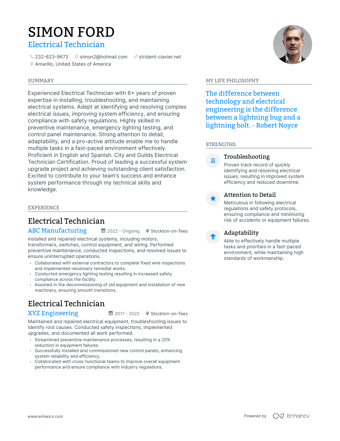 Electrical Technician resume example