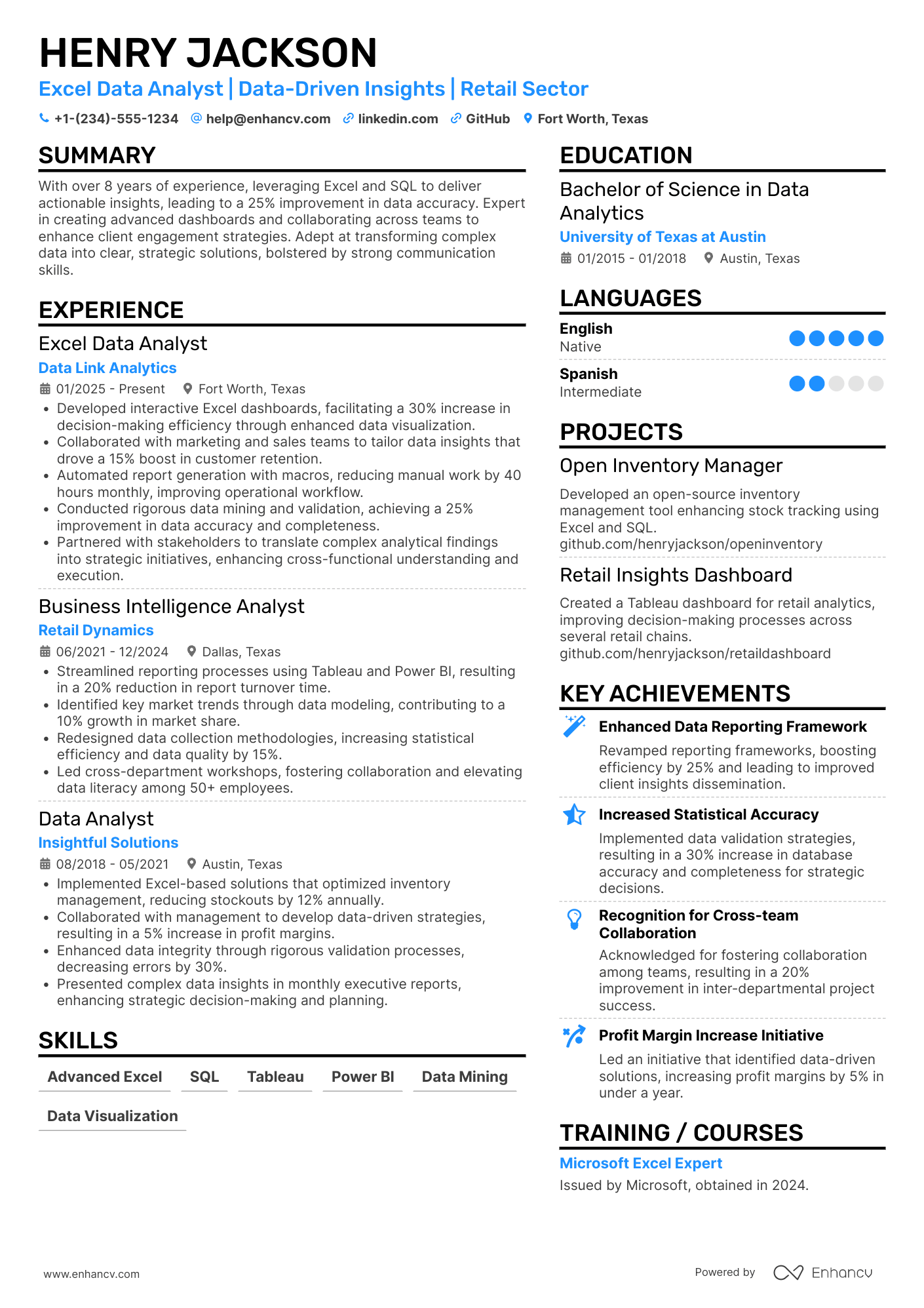 Excel Data Analyst resume example