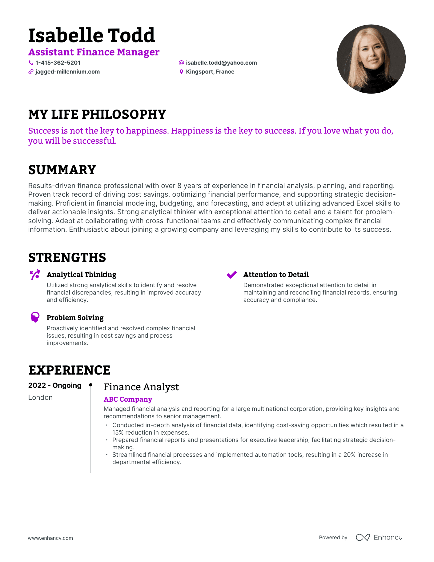 Creative Assistant Finance Manager Resume Example