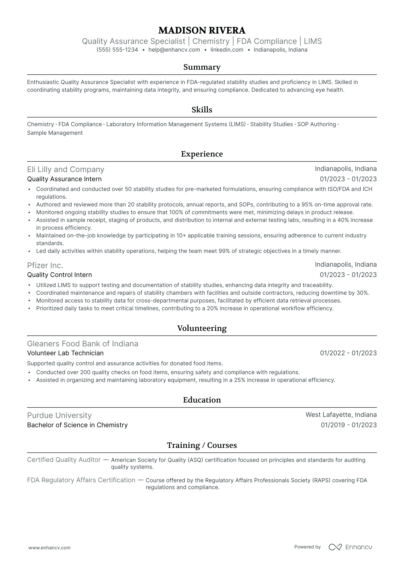 Entry-Level Pharmaceutical Quality Assurance Specialist resume example