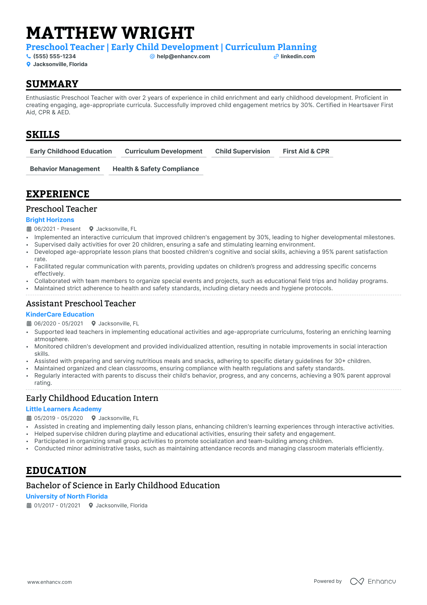 Senior Preschool Teacher resume example