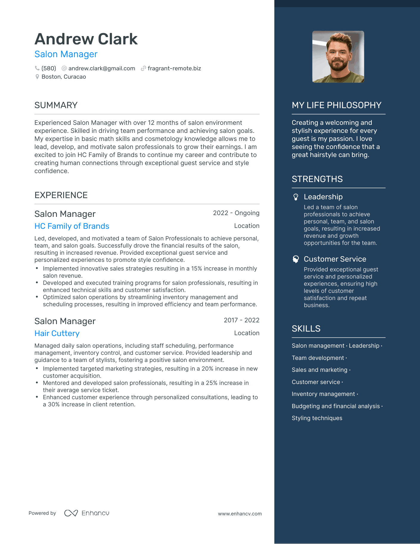 Salon Manager resume example