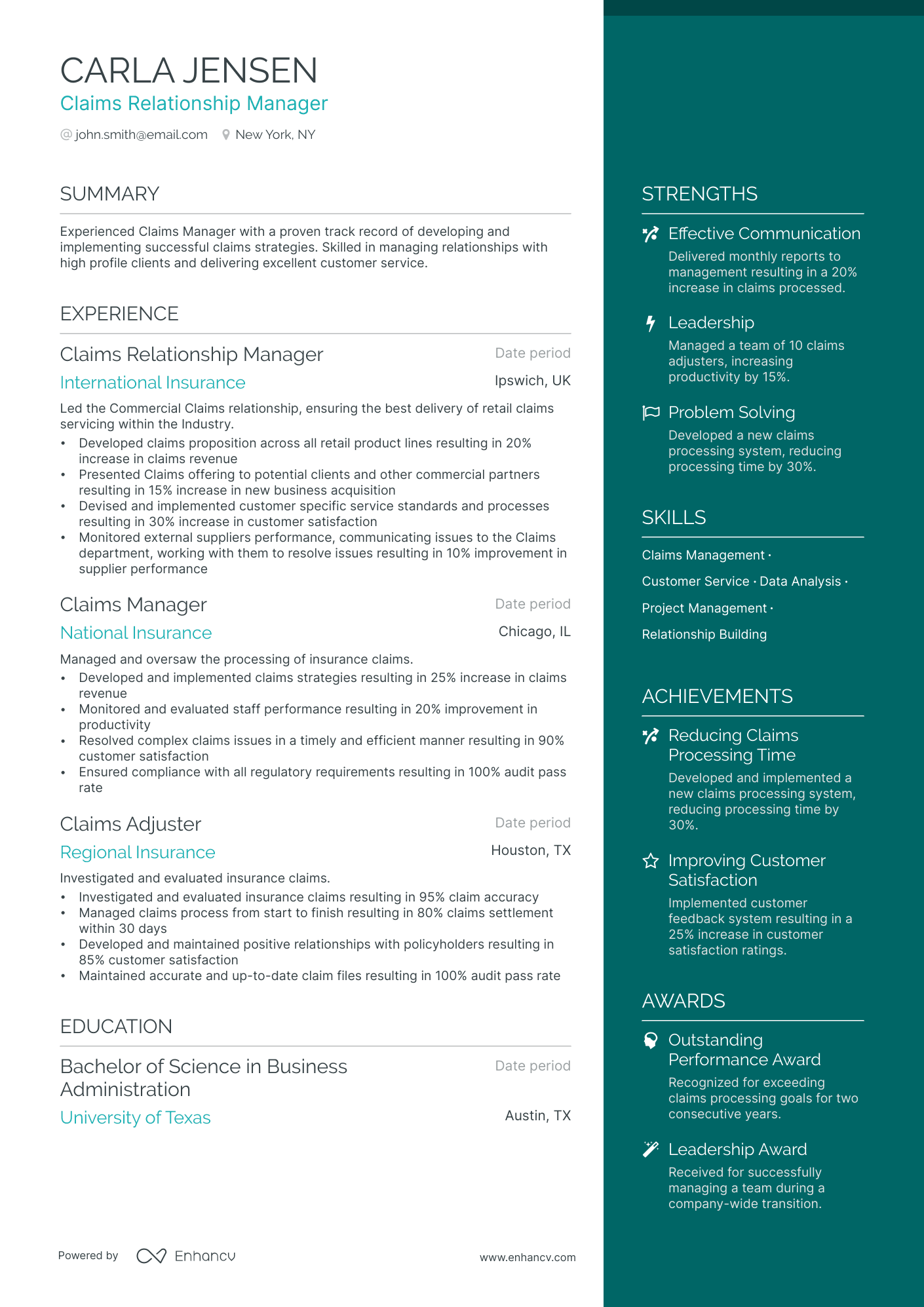 Claims Manager resume example