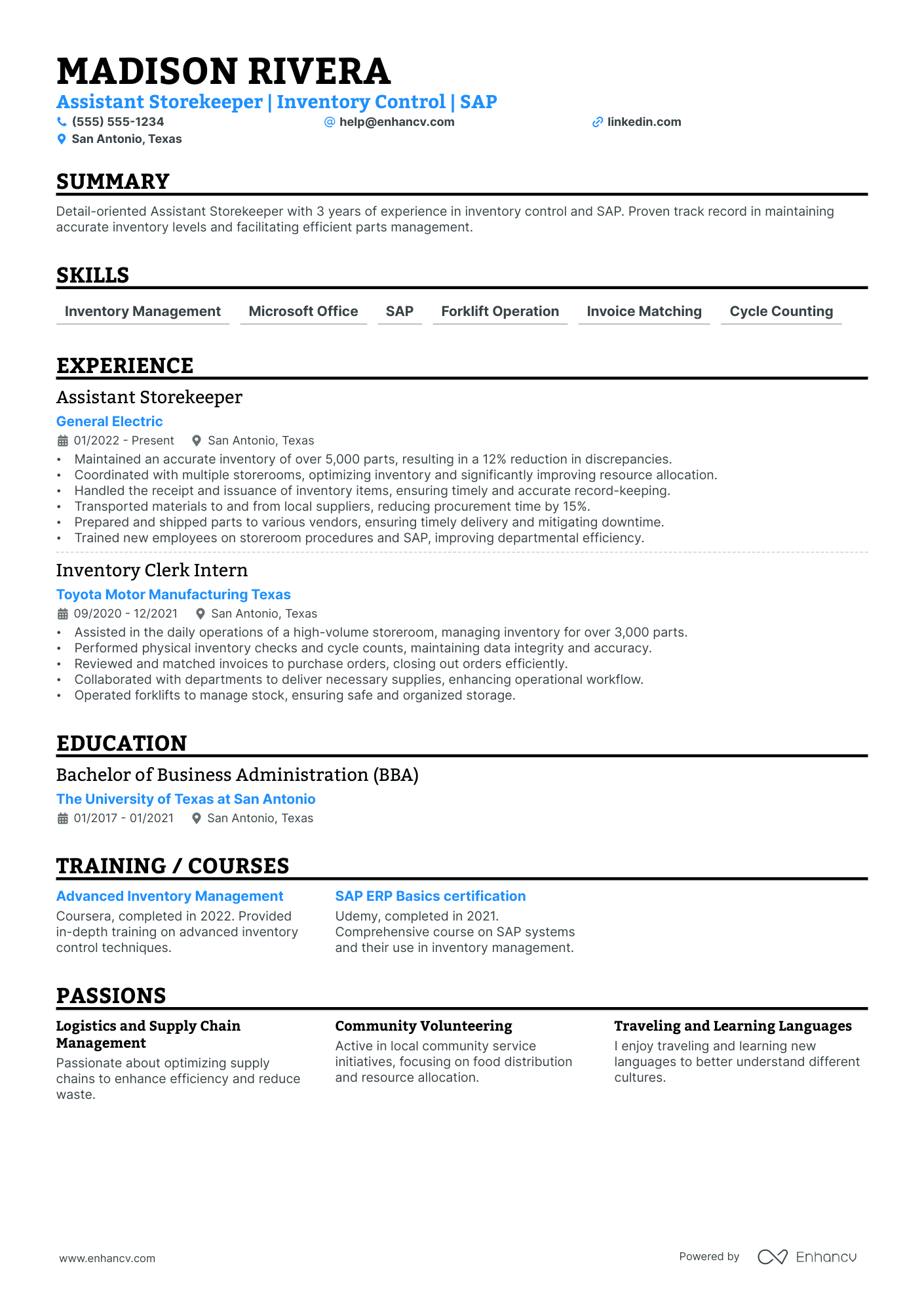 Retail Storekeeper resume example