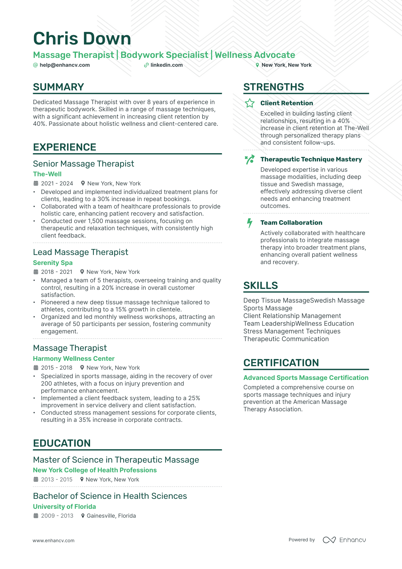 Massage Therapist resume example