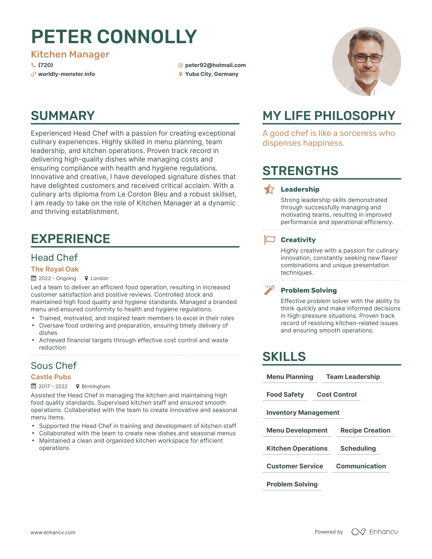Kitchen Manager resume example