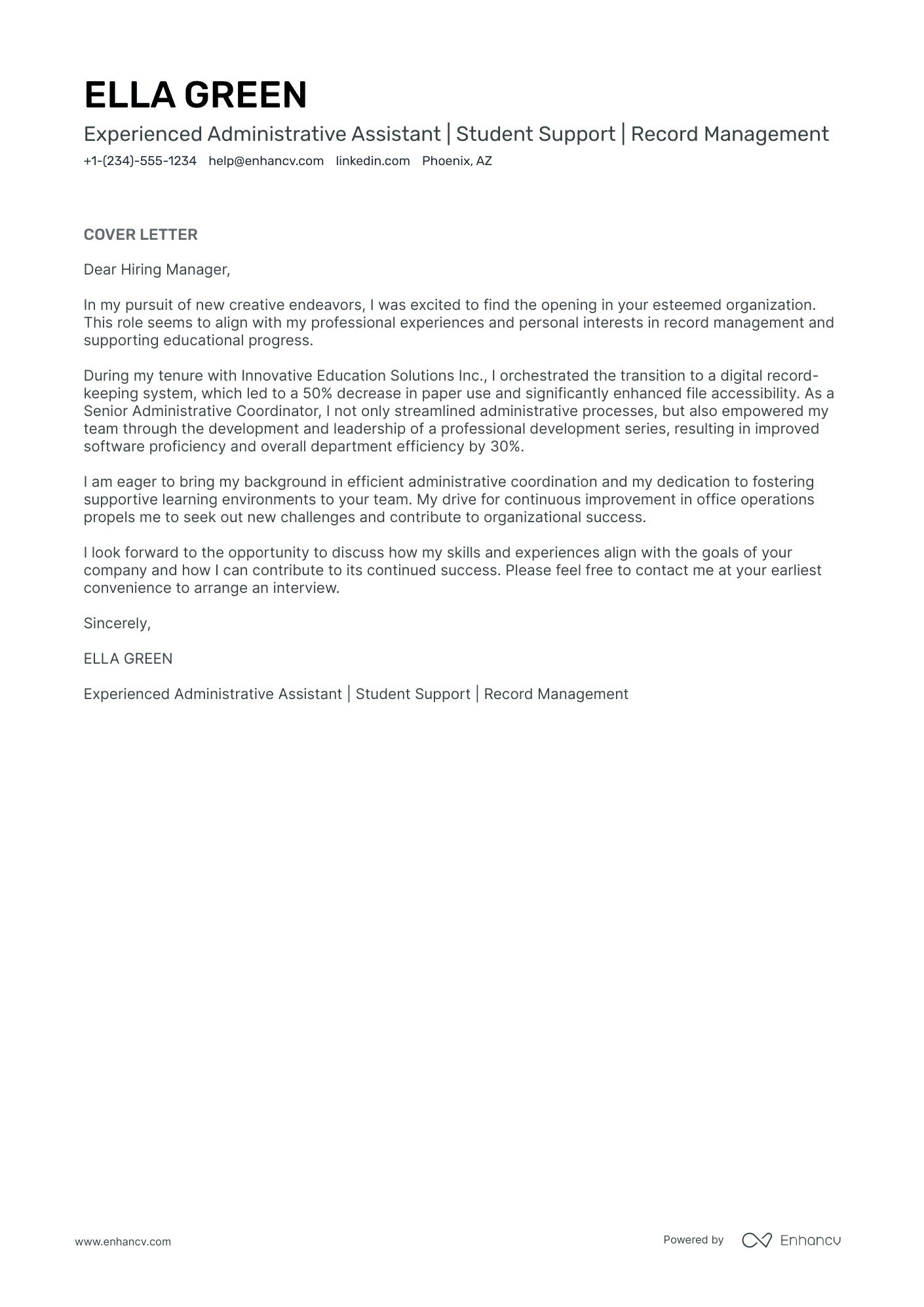 School Administrative Assistant cover letter