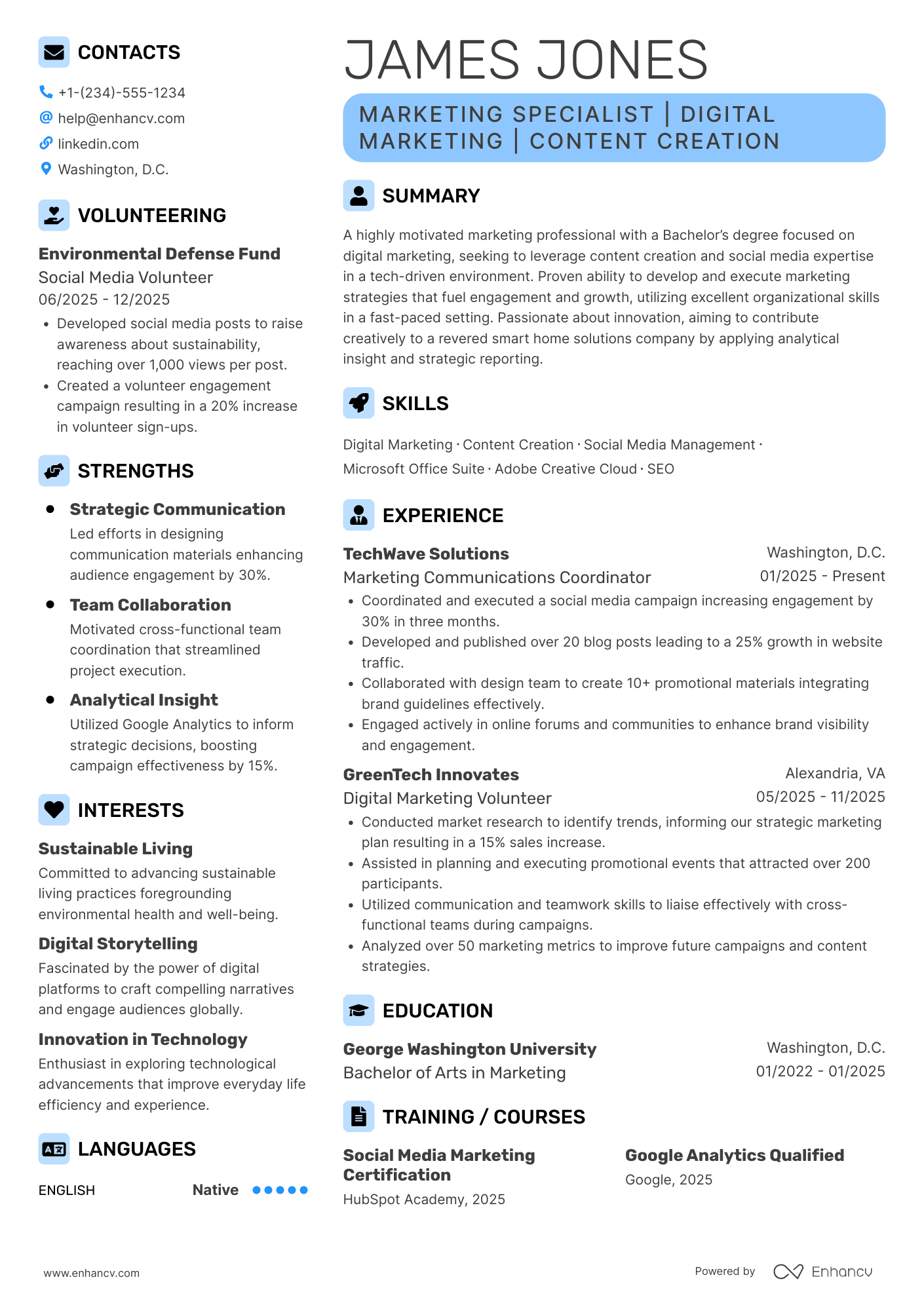Marketing Intern resume example