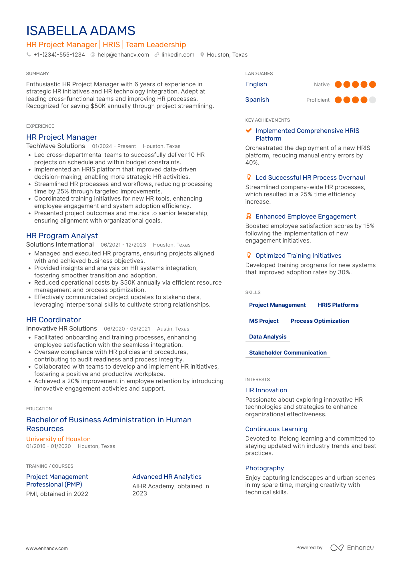 HR Project Manager resume example