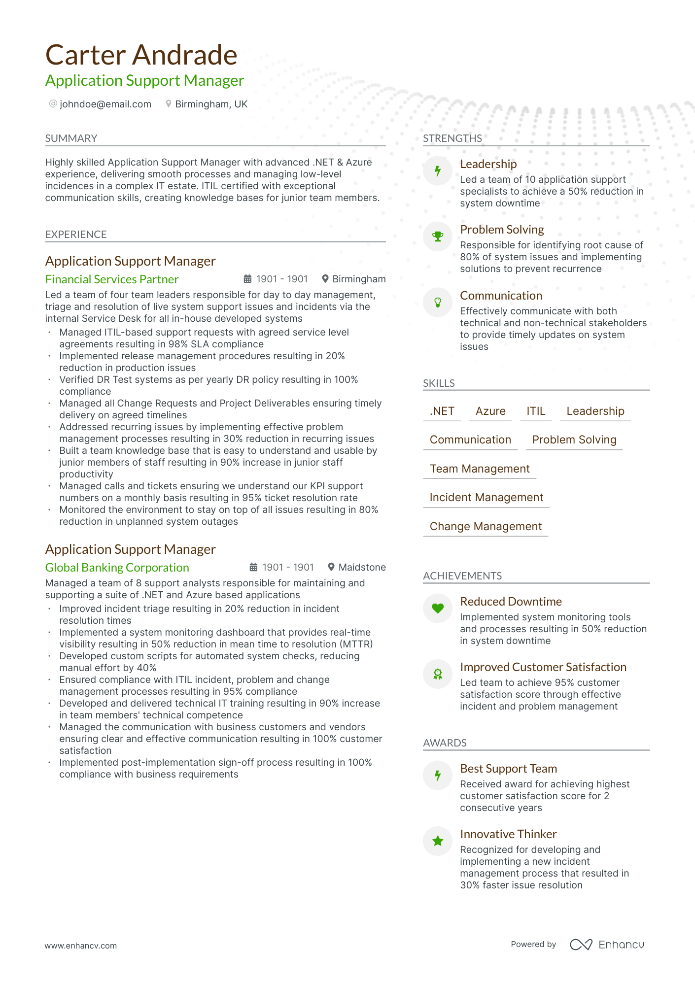 application support manager resume example
