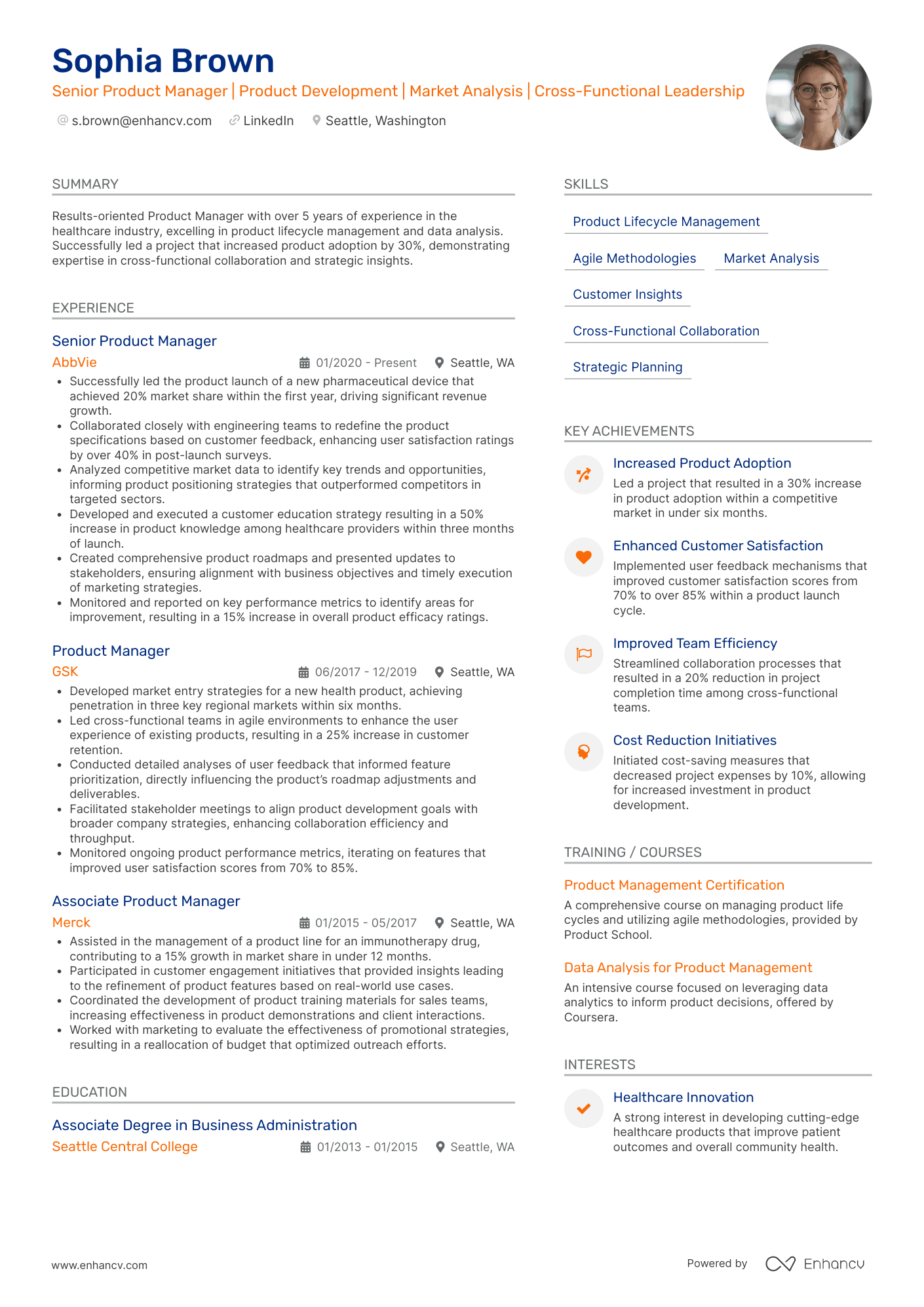 Aqua modern resume template A product manager resume with two columns with orange and blue accent colors.y and an experience section in focus.