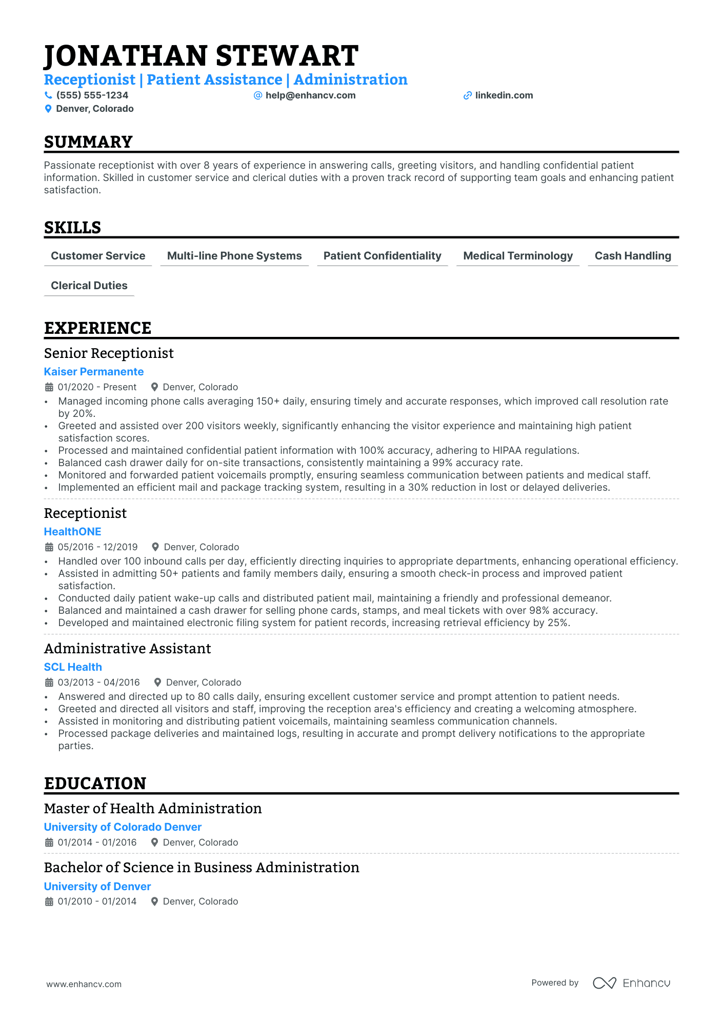 Junior Receptionist resume example