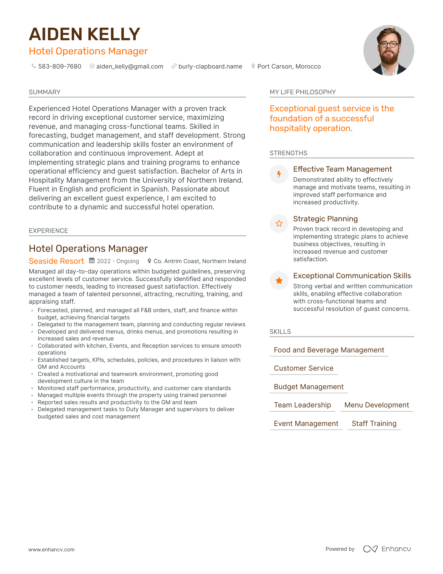 Hotel Operations Manager resume example