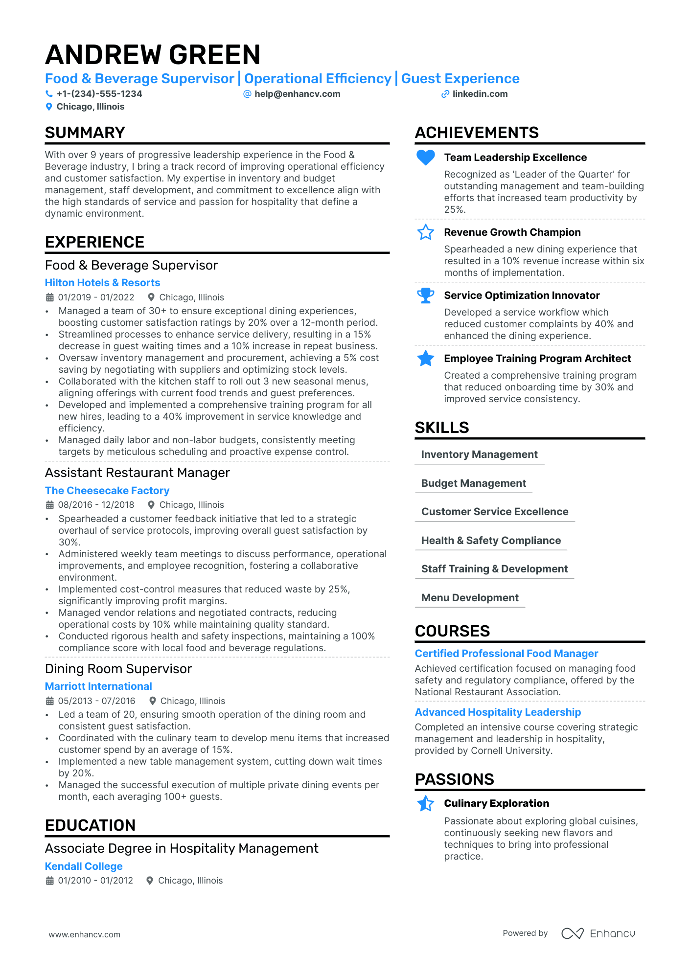 Assistant Restaurant Manager resume example