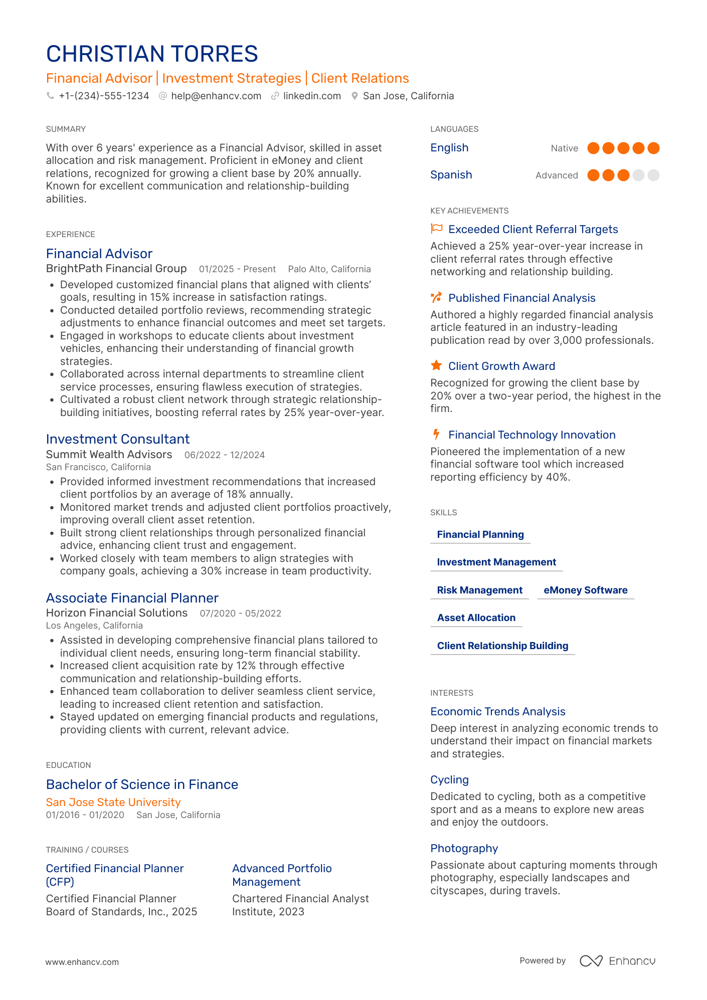 Financial Advisor resume example