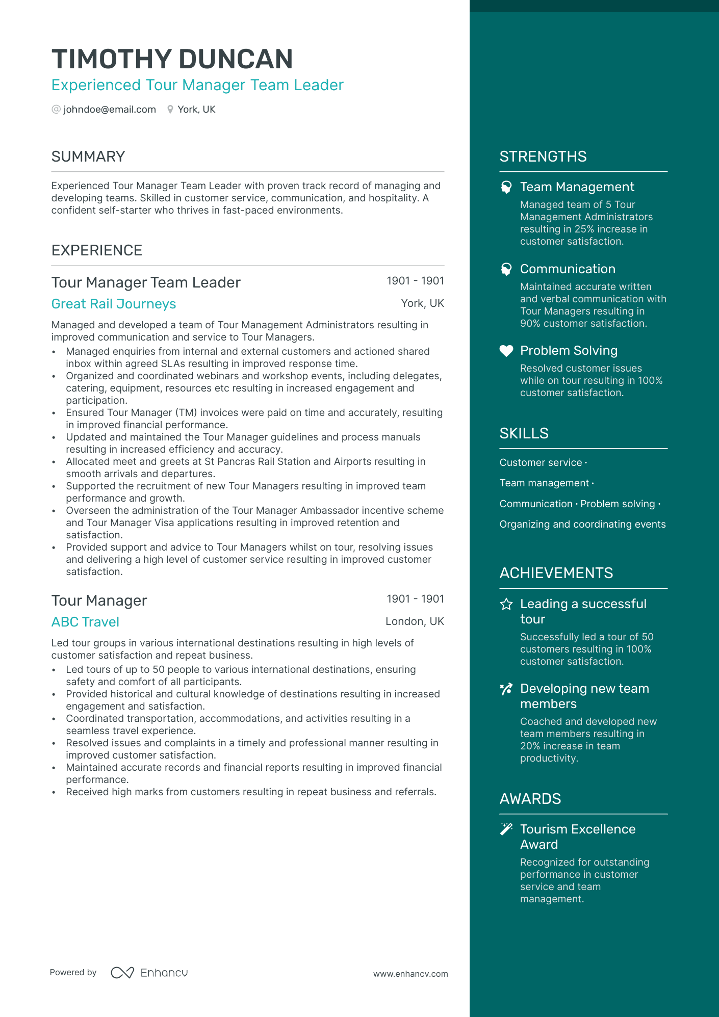 Tour Manager resume example